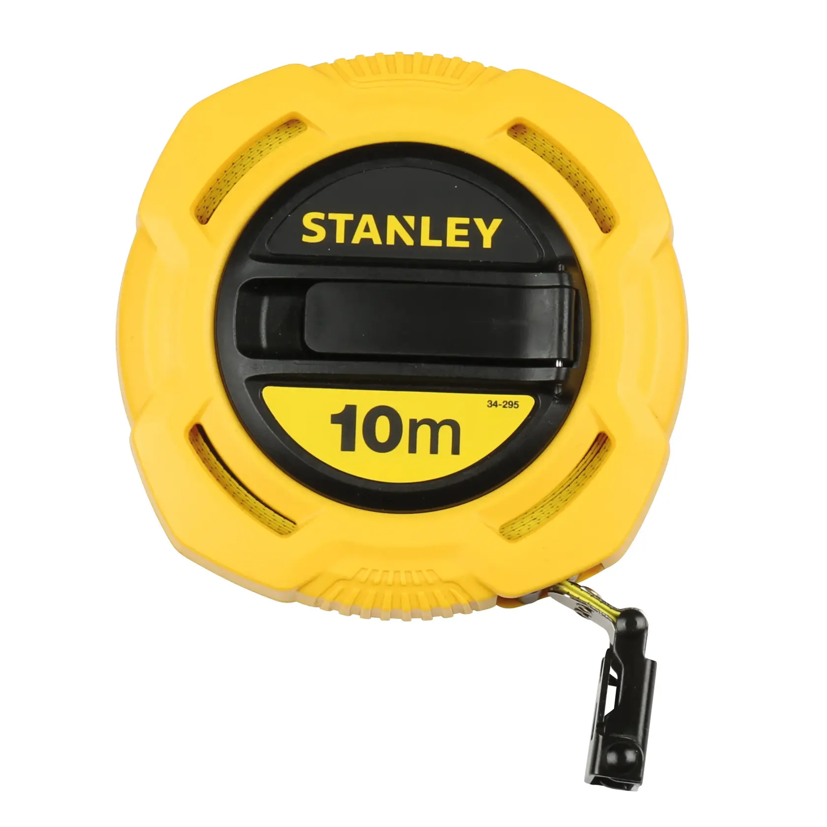 STANLEY 0-34-295 yellow and black 10m tape measure, front angle, rugged round case.