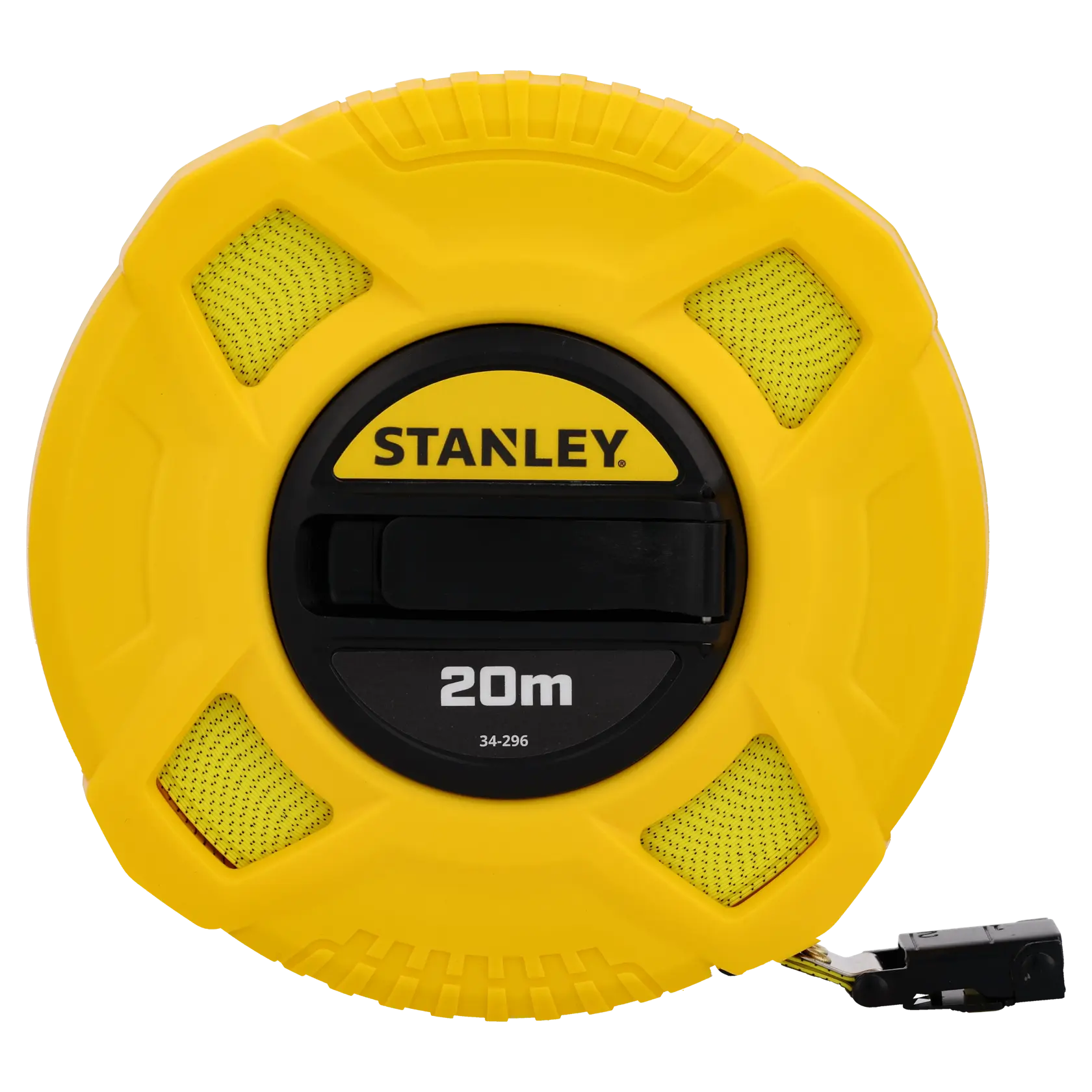 STANLEY 0-34-296 yellow open reel 20m measuring tape, front angle on white background.