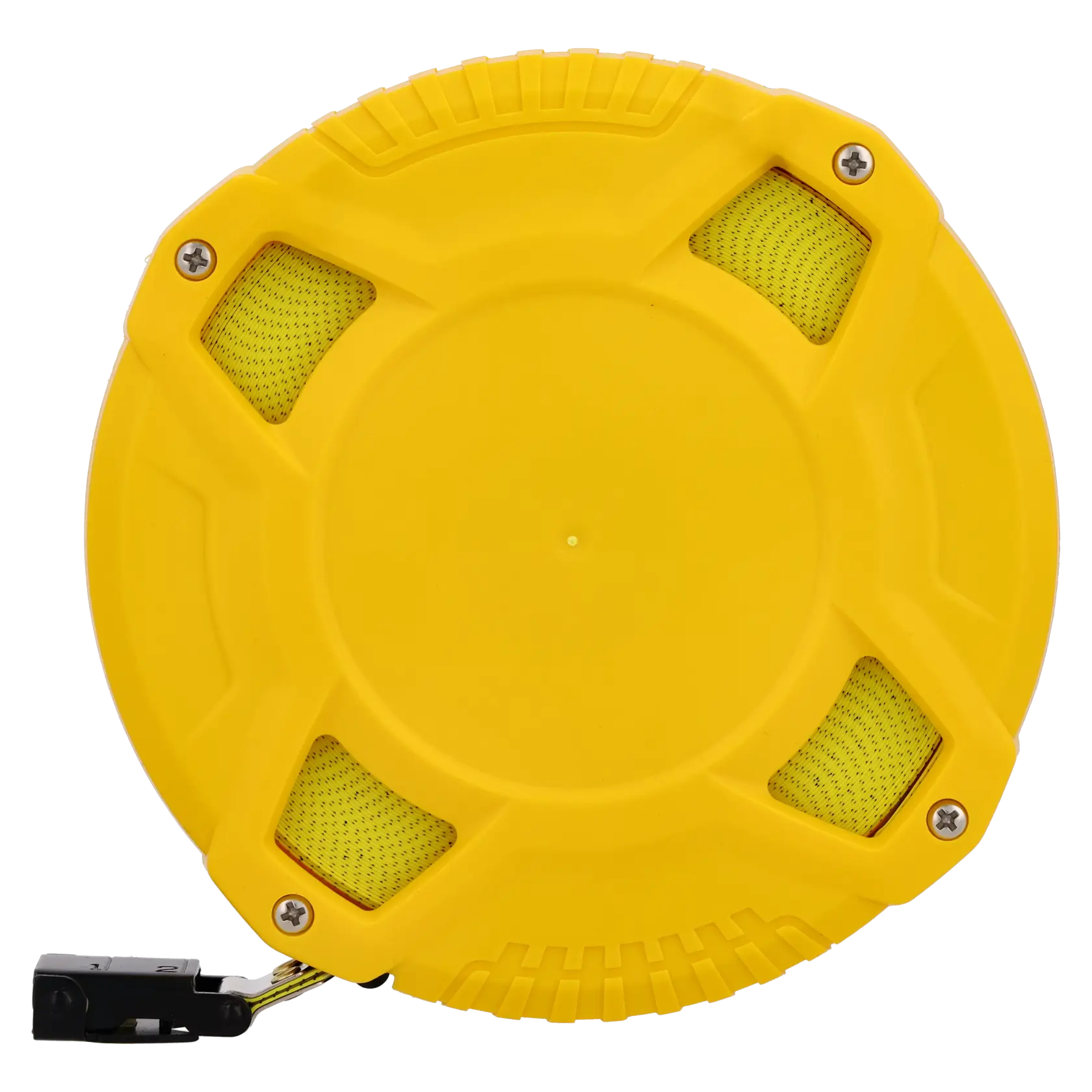 STANLEY 0-34-296 yellow closed reel measuring tape, top view, with durable plastic case and visible tape ends.