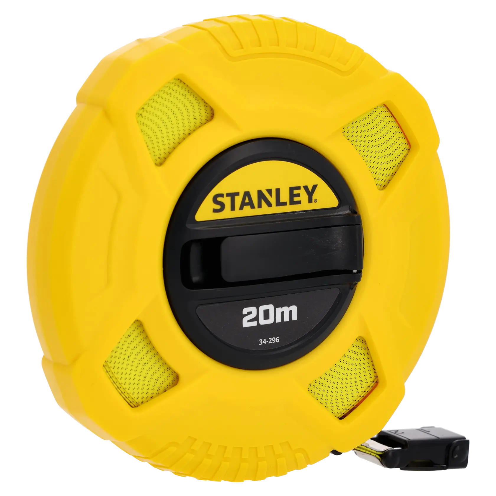 STANLEY 0-34-296 measuring tape, 20m, yellow case, front angle, product photography on white background.