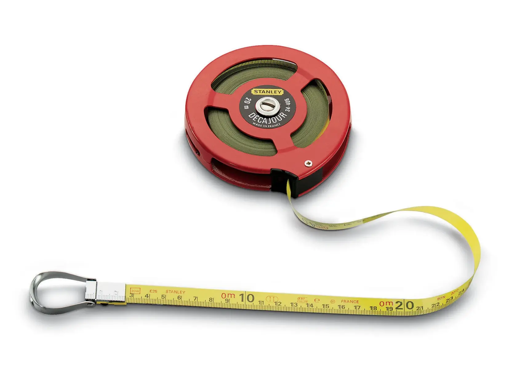 Photo of STANLEY 0-34-406 open reel measuring tape, 20m, yellow tape with metal hook, top angle on white background.