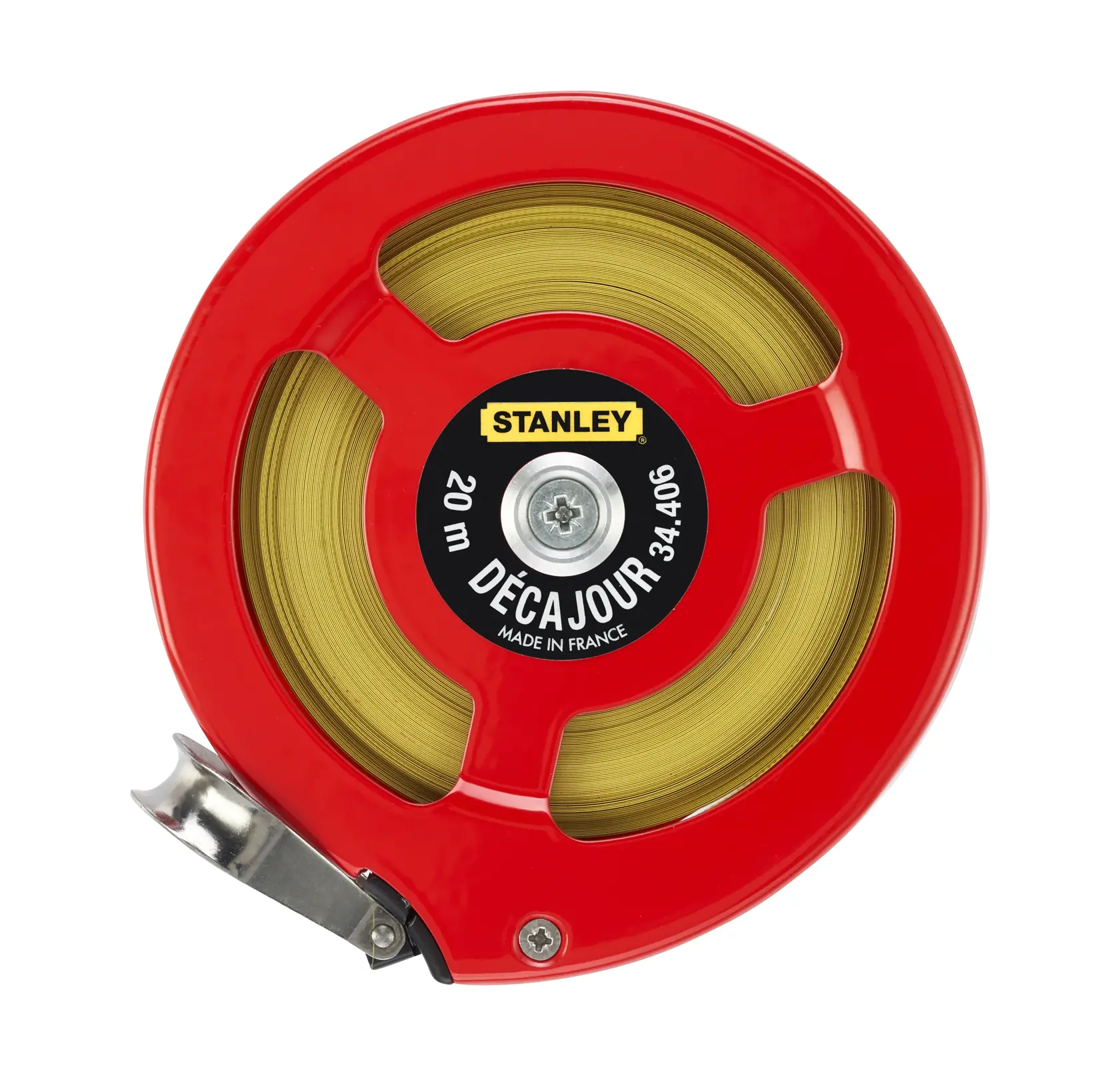STANLEY 0-34-406 tape measure with red circular casing and brass tape, front angle on white background.