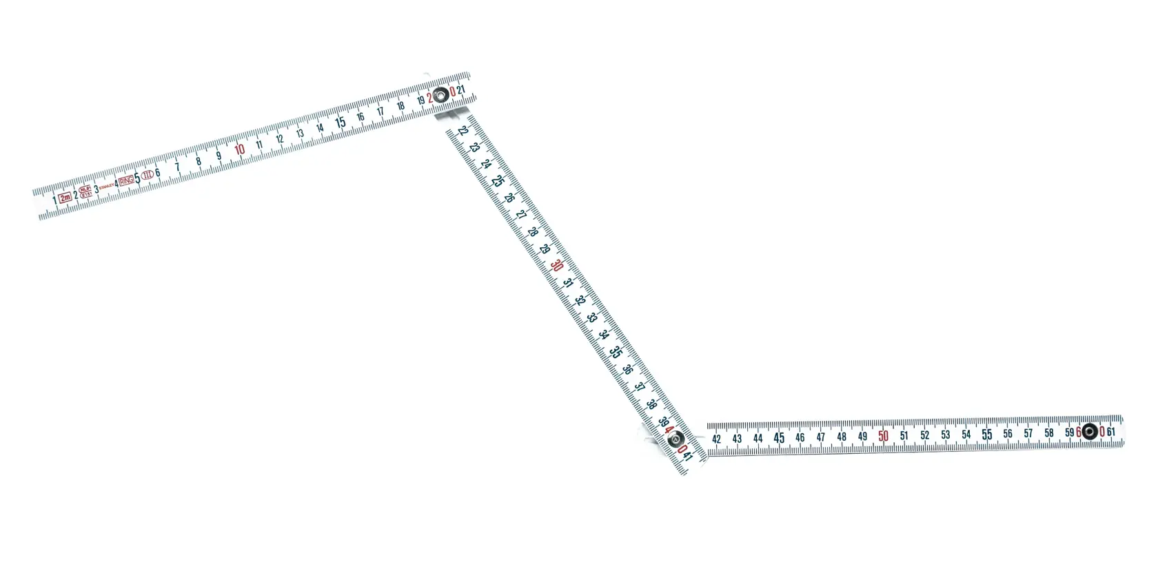 STANLEY 0-35-229 folding ruler, metal, white with black and red markings, angled, front view.