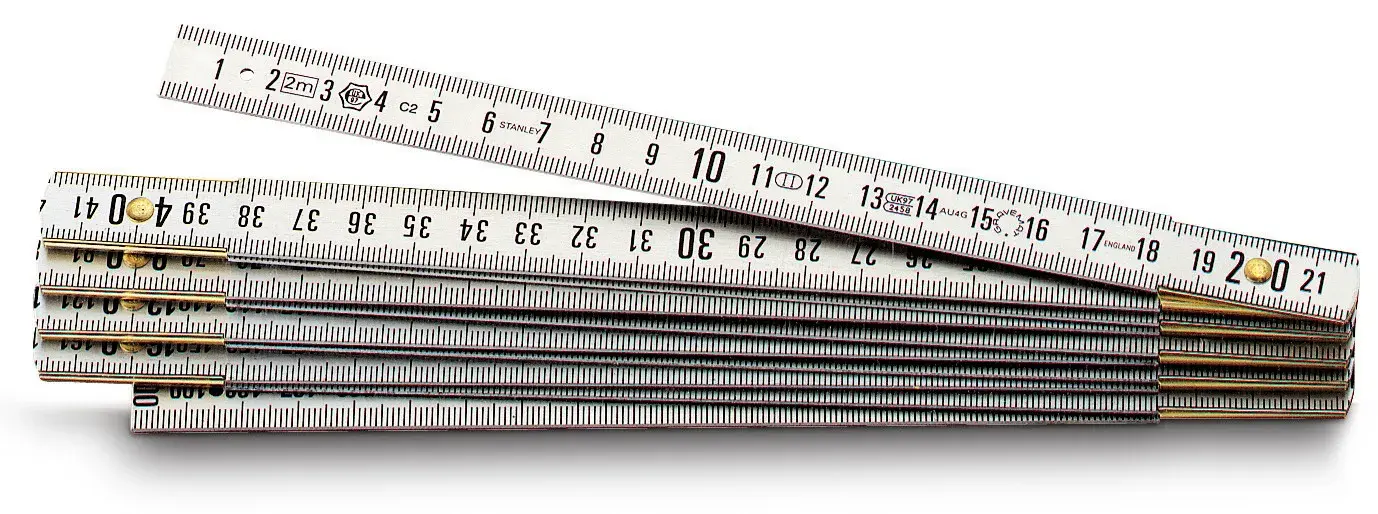 STANLEY 0-35-305 folding ruler with metal joints, metric scale, product side view on white background.