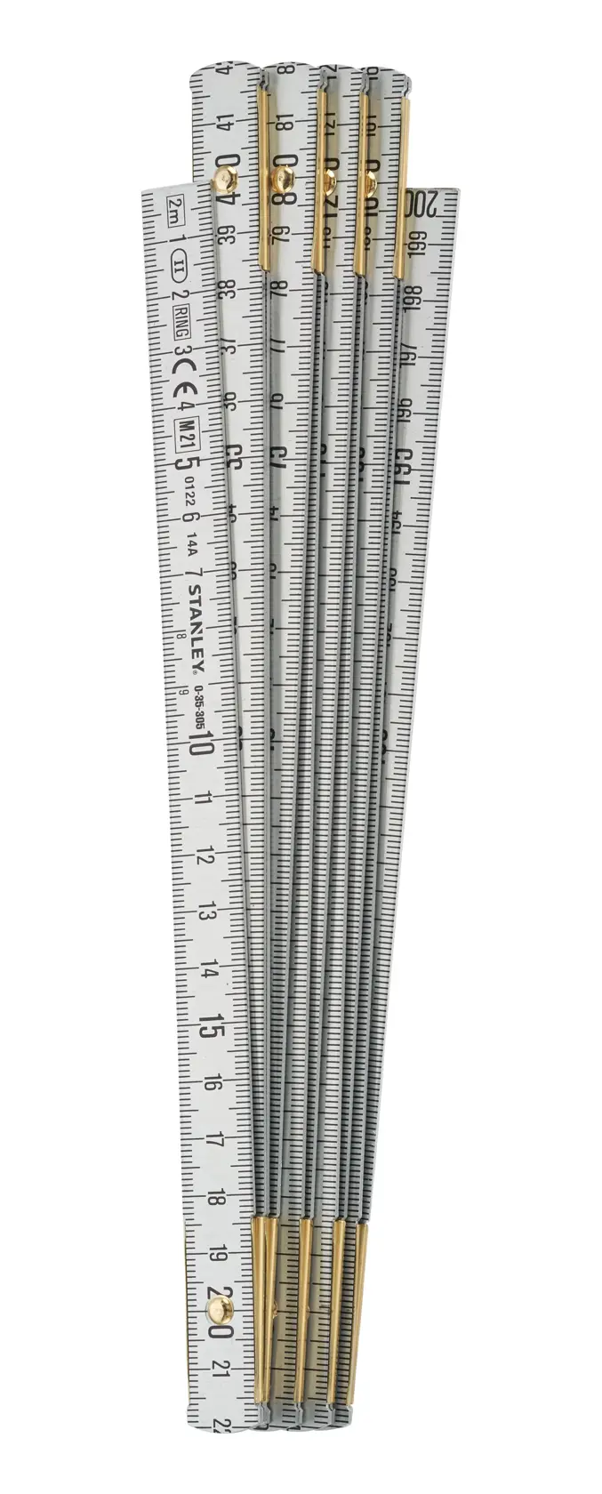 STANLEY 0-35-305 folding ruler with white finish and black measurements, front angle on white background.