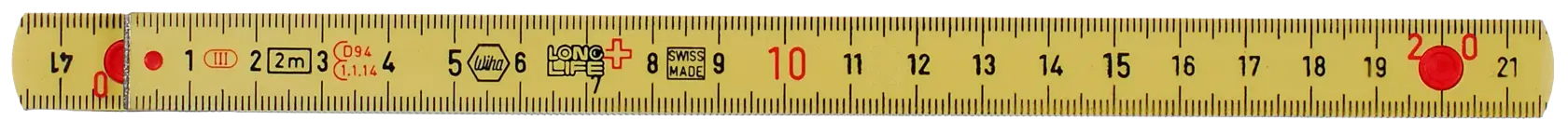 Stanley yellow folding ruler with black and red markings for measurement, marked up to 20 centimeters.