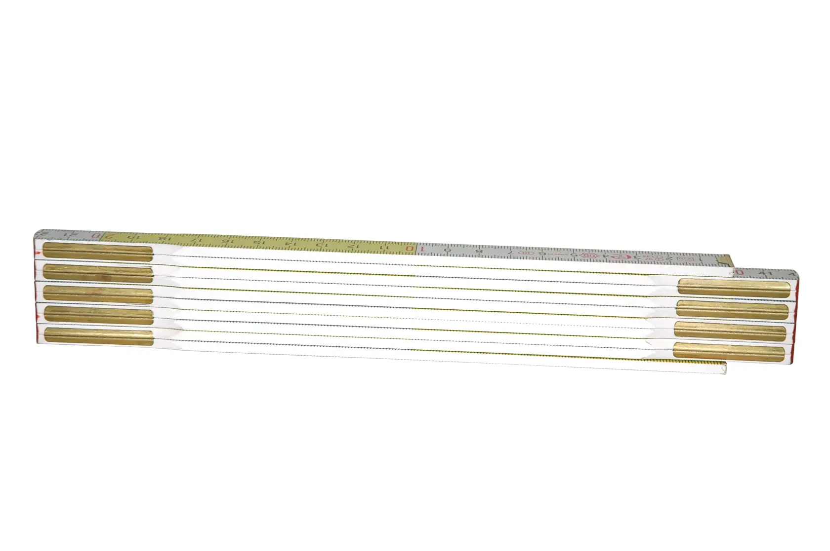 STANLEY 0-35-458 folding wooden ruler, yellow and white, product photography on white background.