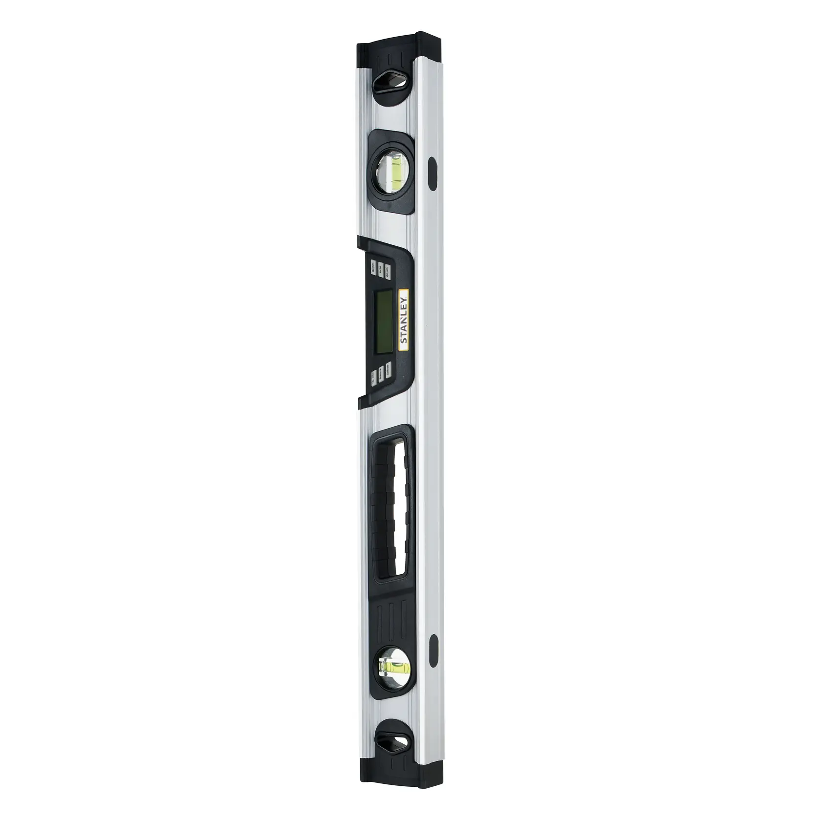 STANLEY 0-42-065 digital level, silver and black, with LCD display and handle, product side angle on white.