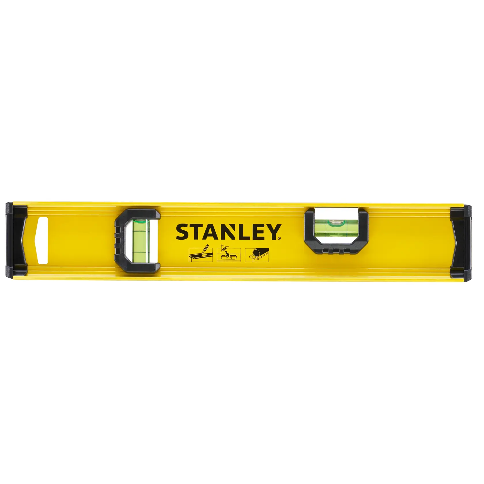 STANLEY 0-42-072 yellow spirit level with black ends and vials, front angle on white background.