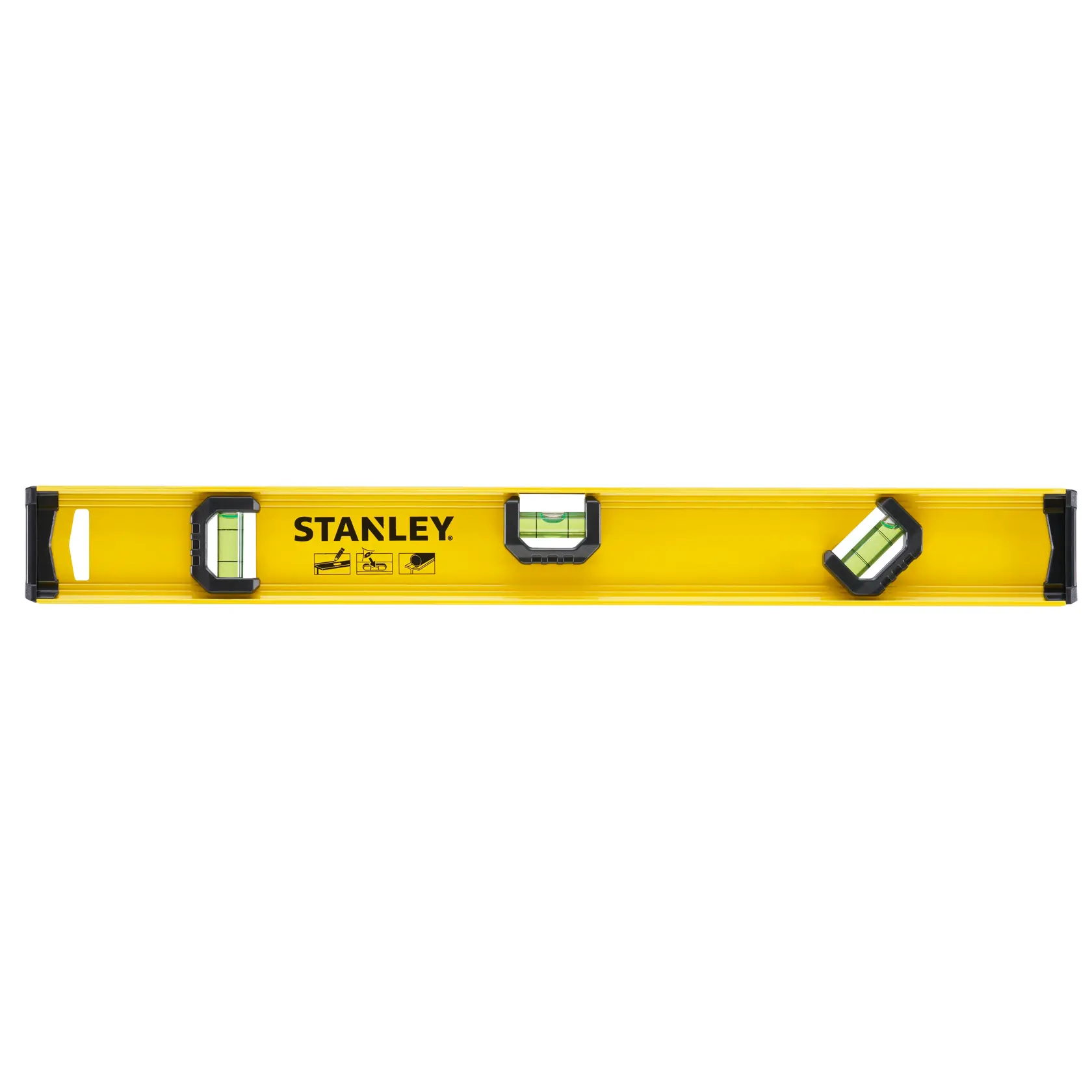 Photo of STANLEY 0-42-073 spirit level, yellow with three bubble vials, product front view.