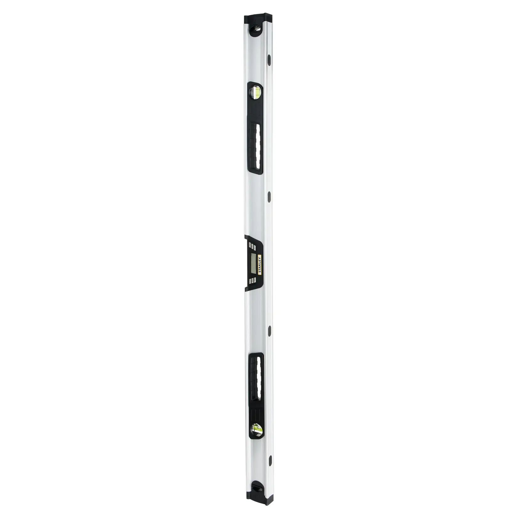 Photo of STANLEY 0-42-086 spirit level tool, silver with black handles, front angle on white background.