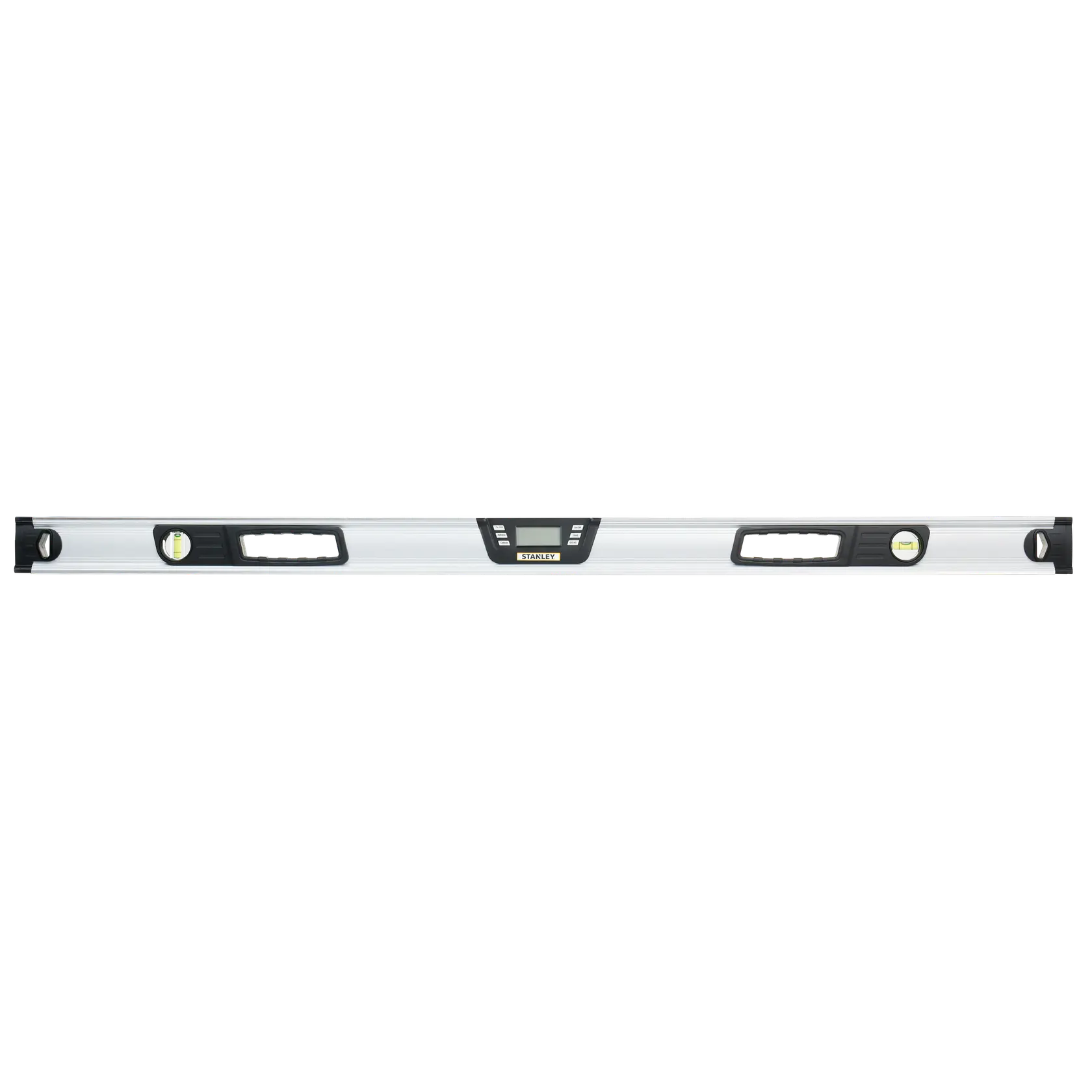 STANLEY 0-42-086 digital spirit level, silver with black accents, front view on white background.