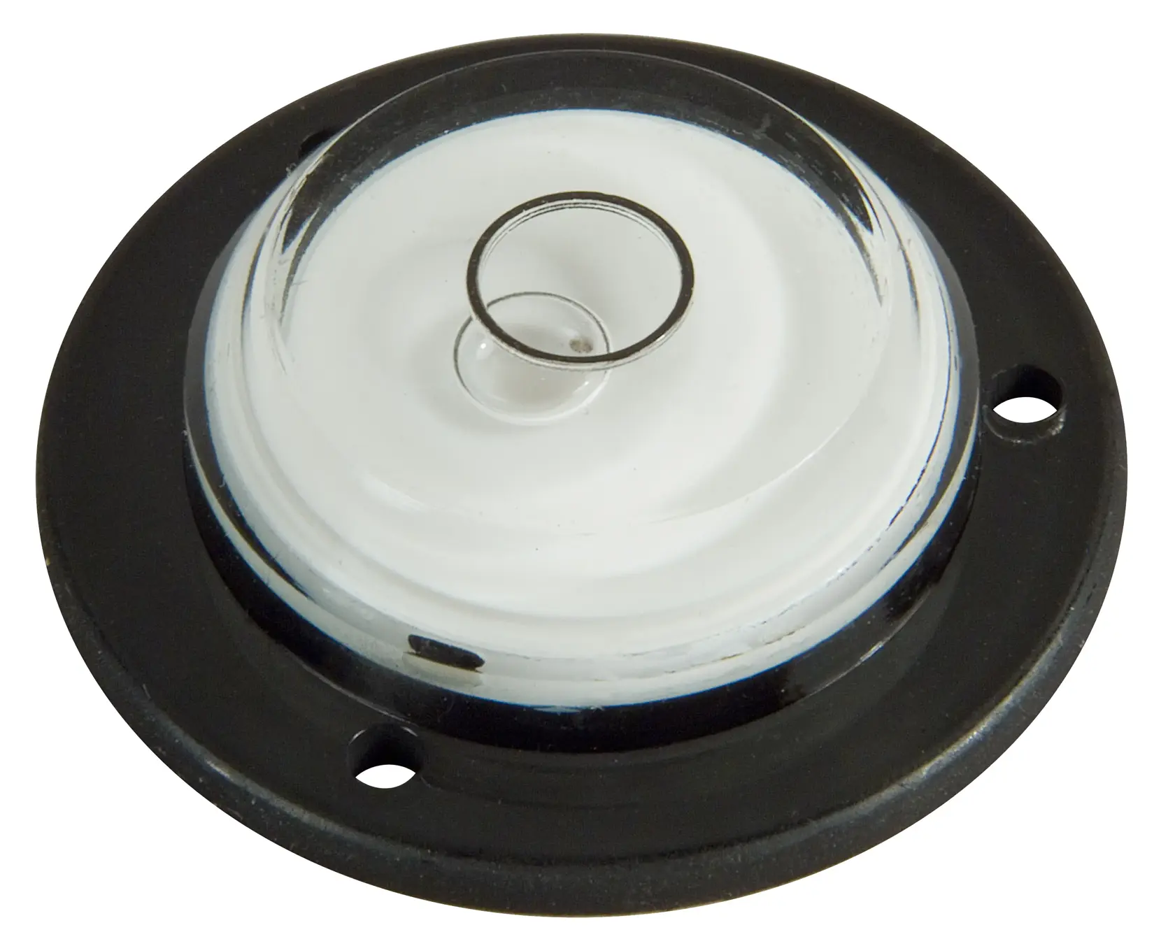 STANLEY 0-42-127 round leveling bubble vial, black and clear, top view, photography accessory.