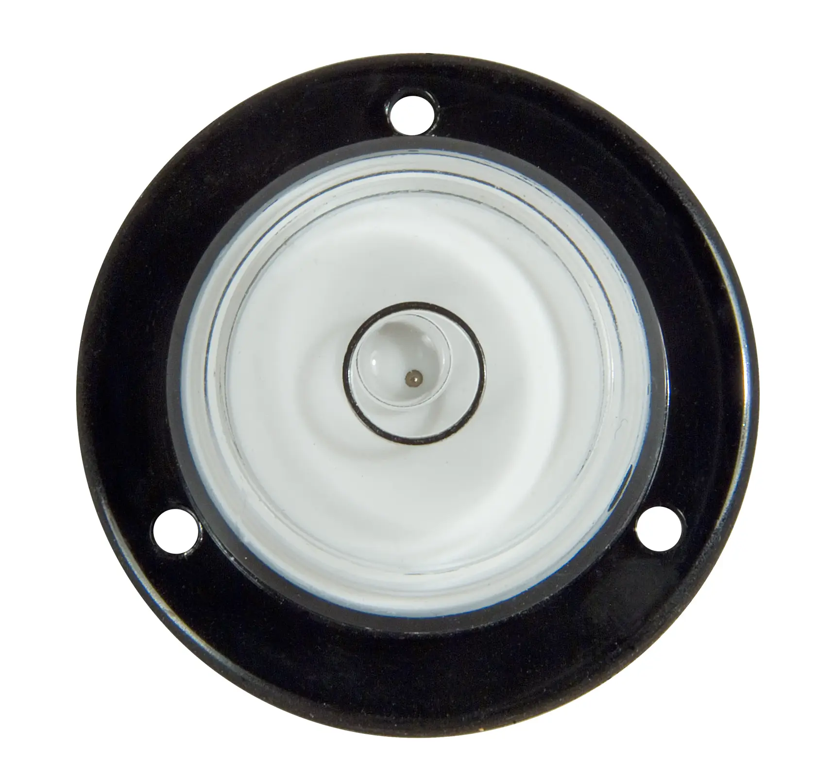 Round Stanley spirit level with three mounting holes, viewed from above, used for photography alignment.