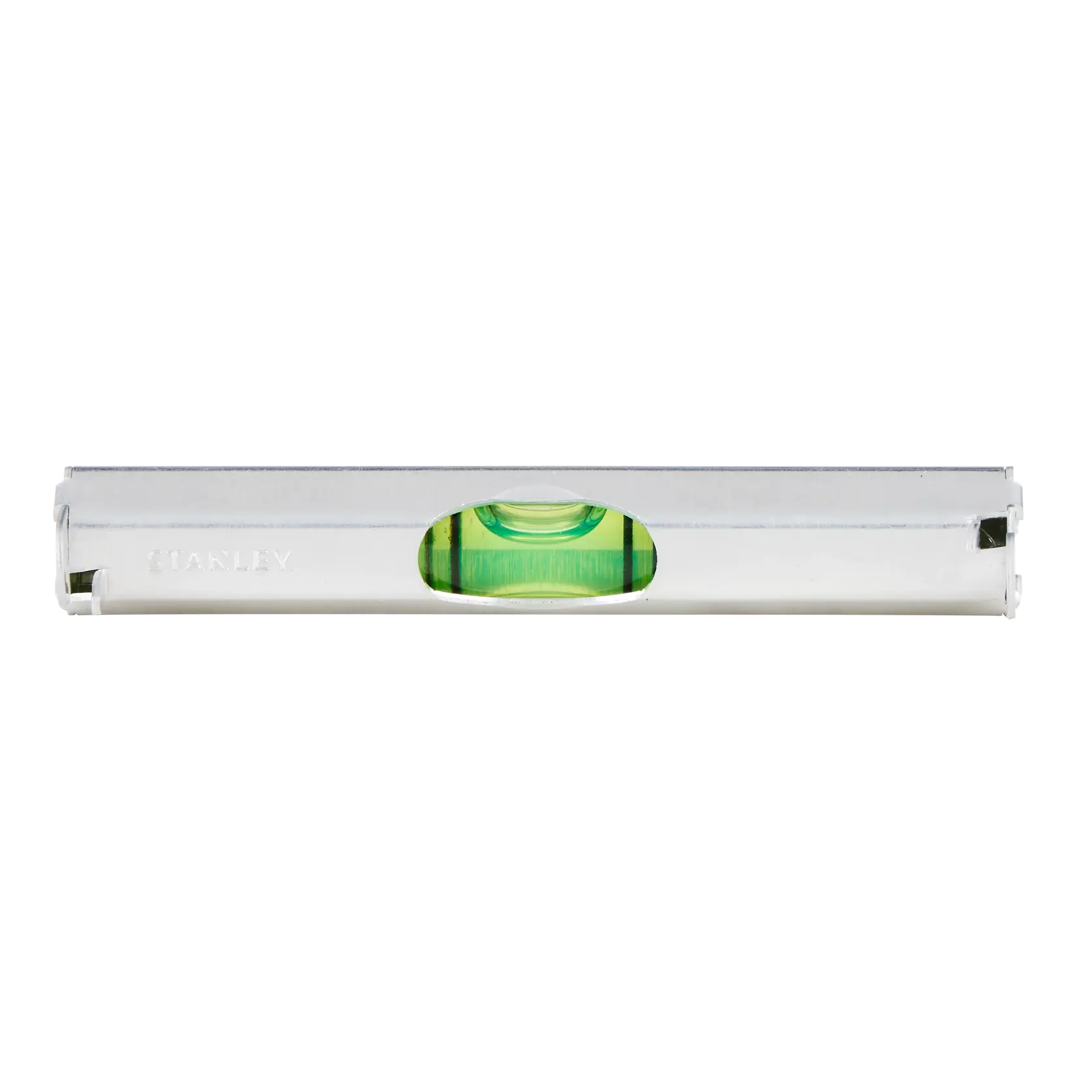 Stanley aluminum torpedo level front view with green vial, white background.