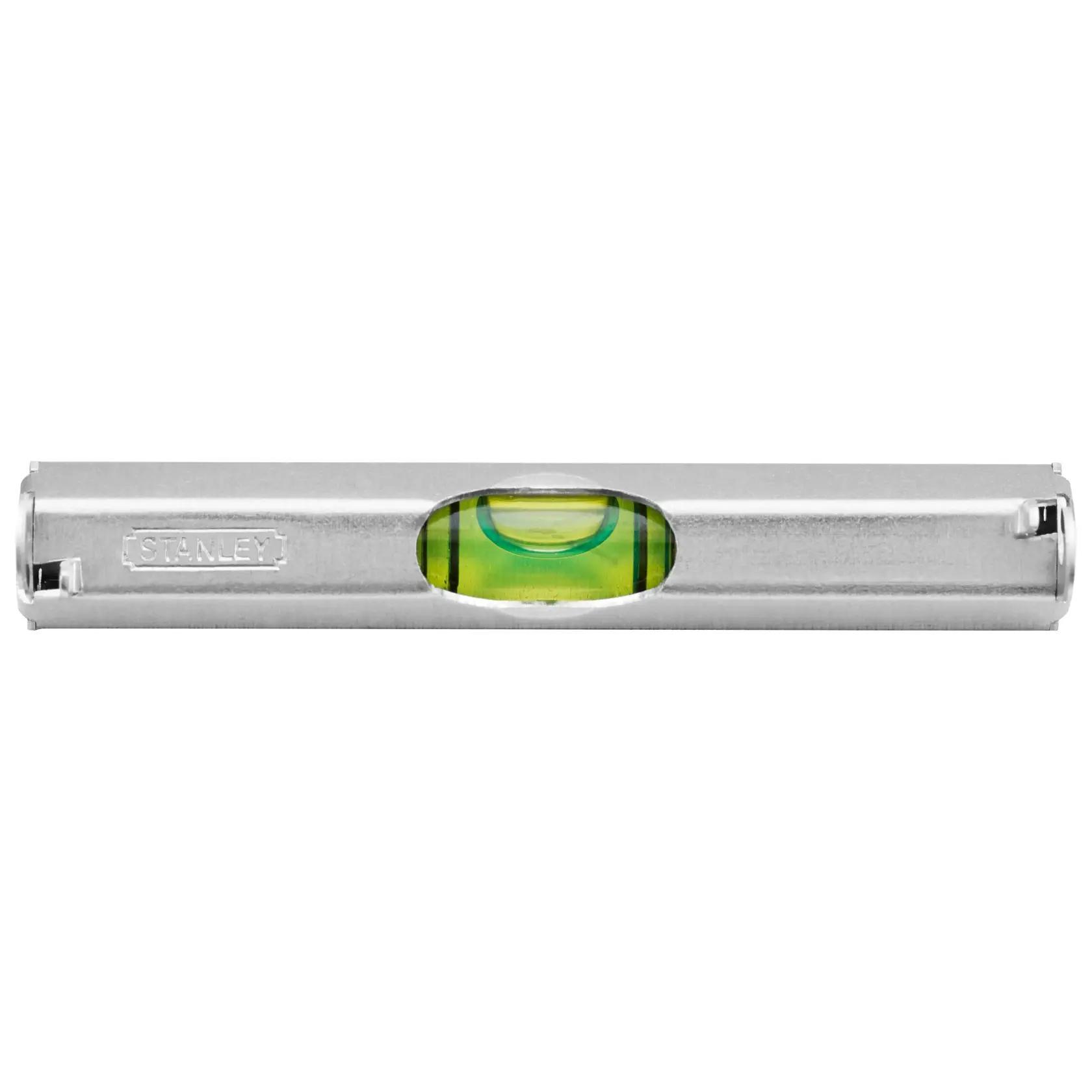 Stanley 0-42-287 photography of silver torpedo level with central green vial, front angle.