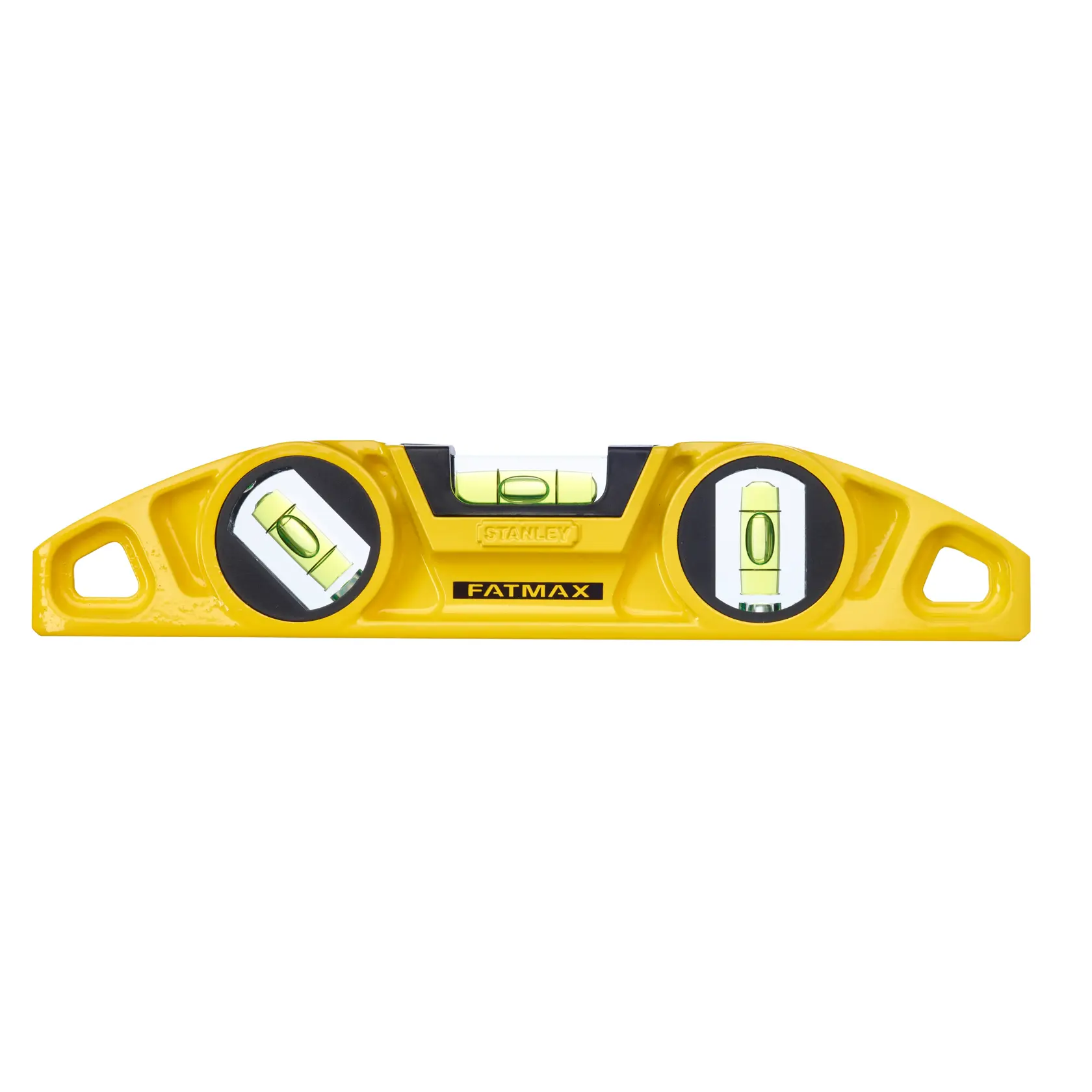 Yellow Stanley FatMax spirit level with three bubble vials for measuring horizontal and vertical alignment.