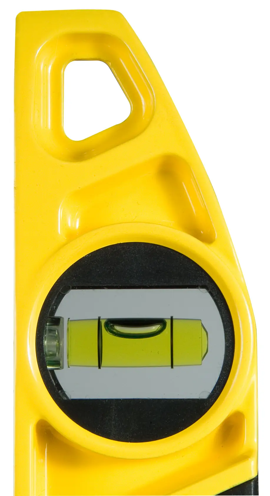 Close-up of a yellow spirit level showing the bubble within a horizontal vial.