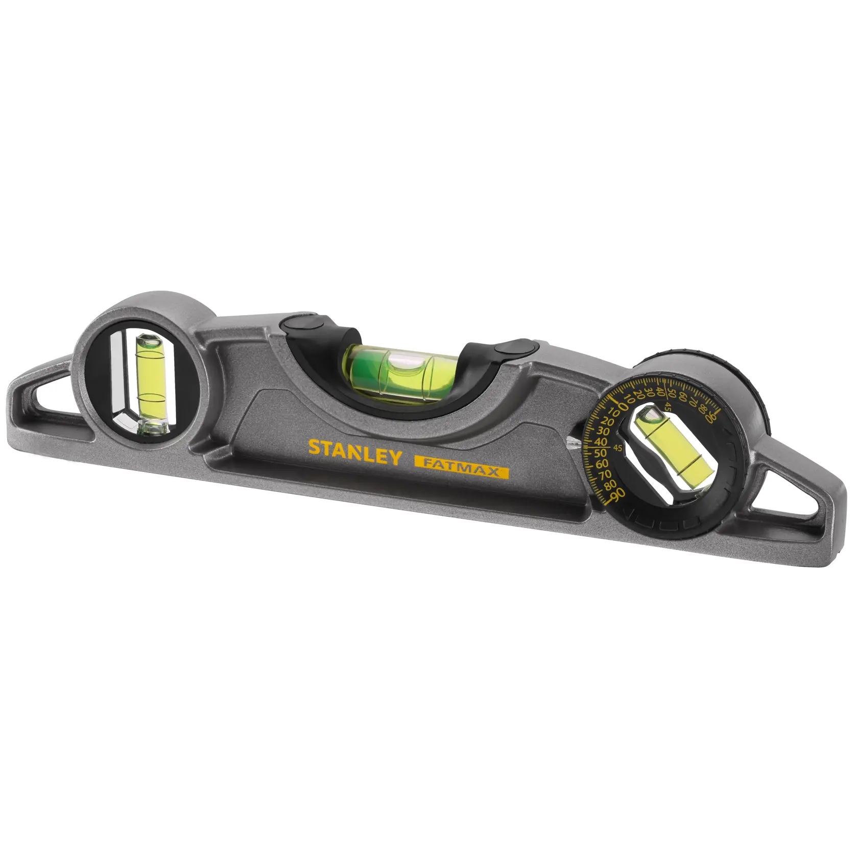 Photo of STANLEY 0-43-609 spirit level with three bubble vials, gray body, FATMAX marking, angled view.