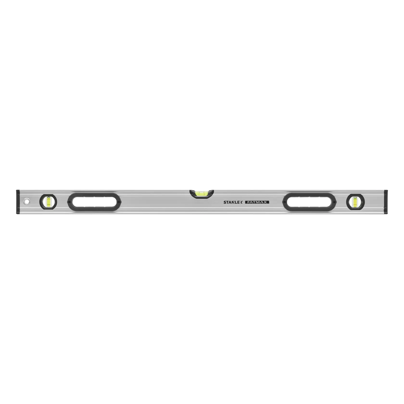 Photo of STANLEY 0-43-637 spirit level, silver with three vials and black end caps, front angle on white background.
