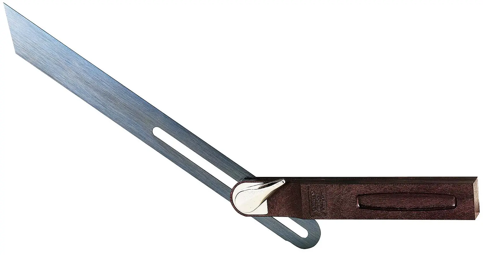 STANLEY 0-46-529 sliding bevel gauge with metal blade and wooden handle, side angle, white background.