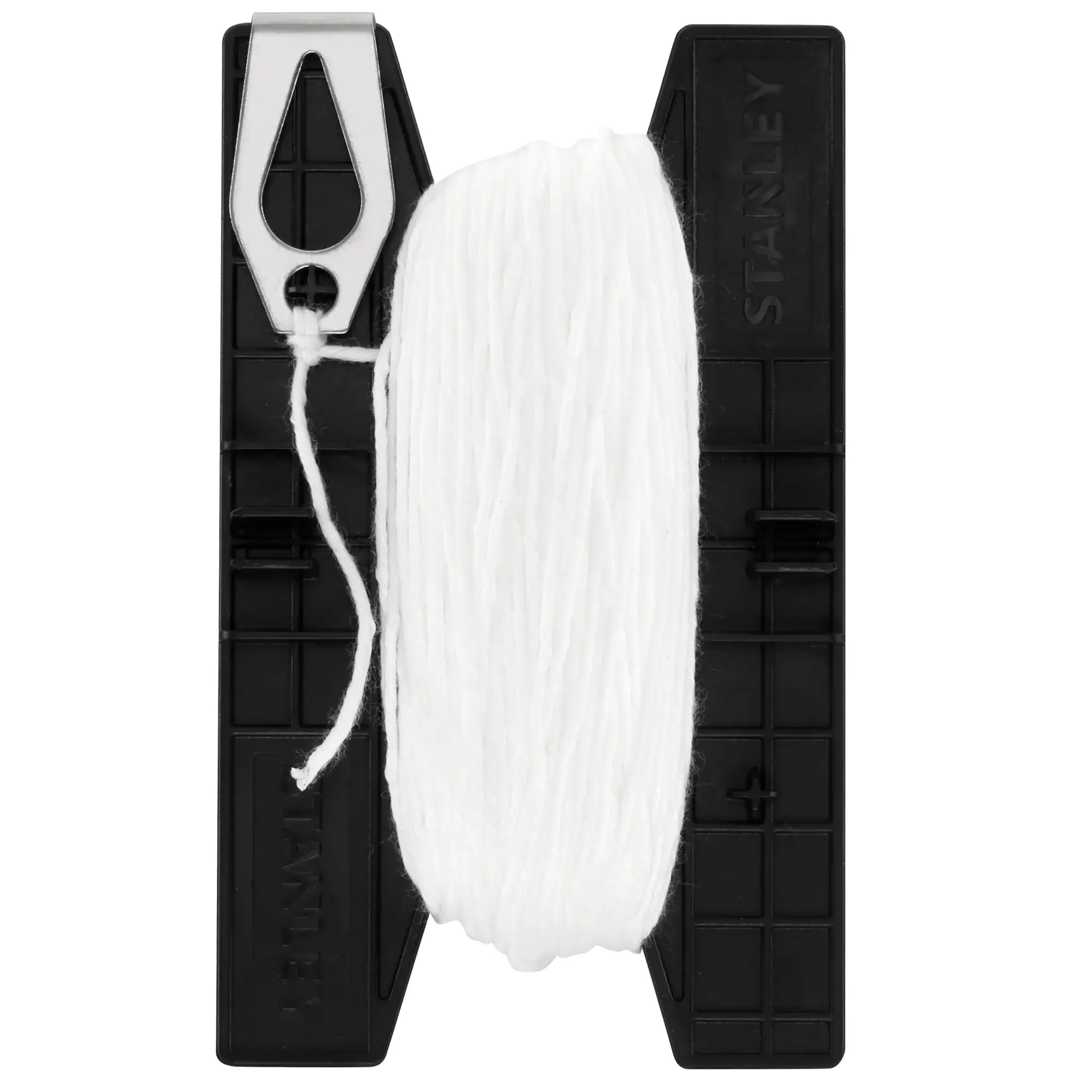 Stanley black plastic line holder with white string for marking straight lines in construction.