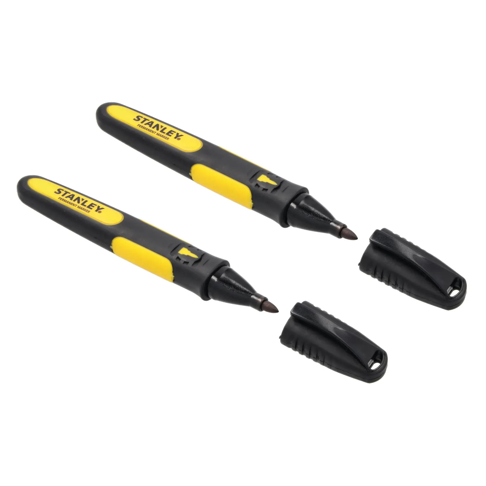 STANLEY 0-47-312 black and yellow permanent markers, set of two, angled view, with caps removed.