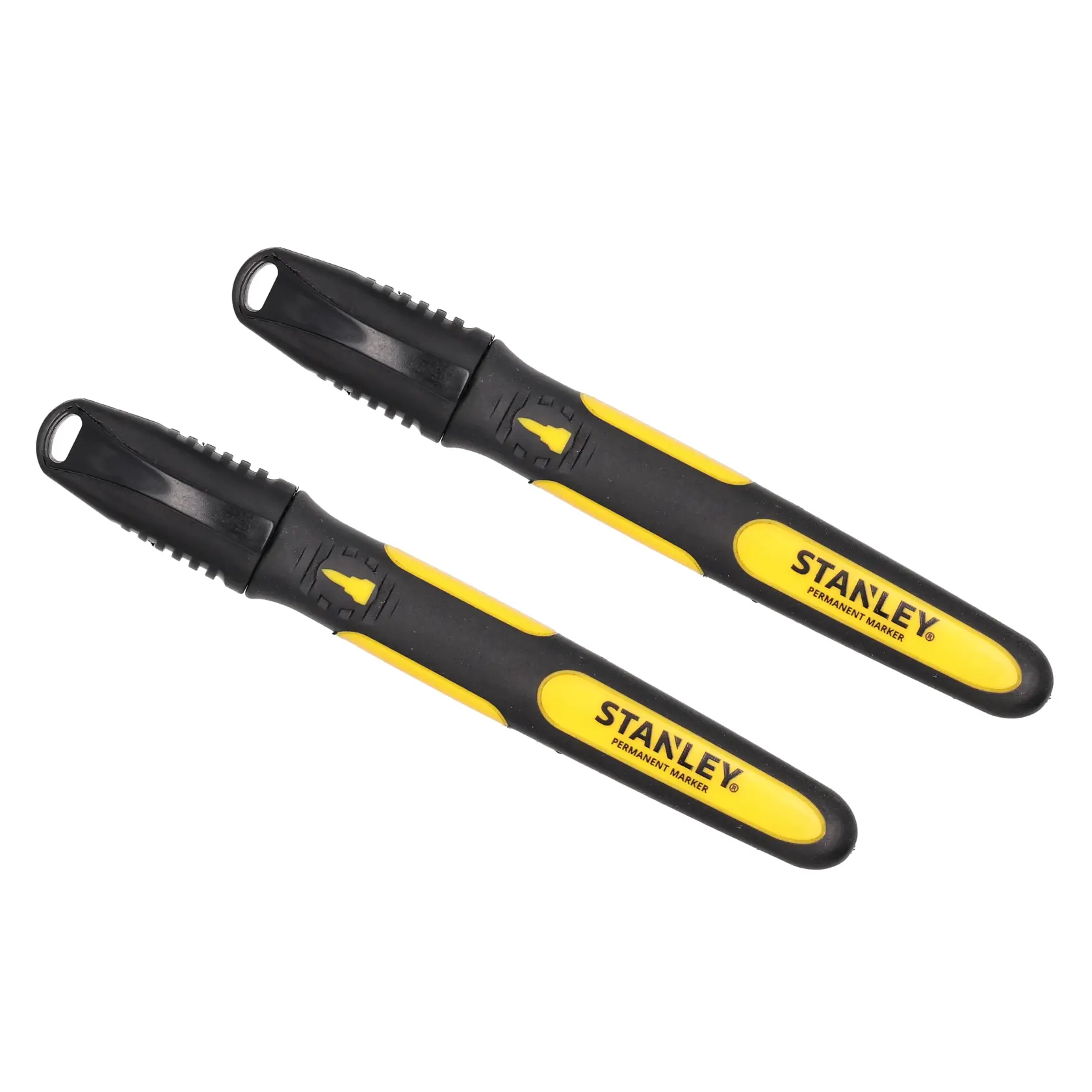 Two Stanley black and yellow permanent markers with caps, shown side by side on a white background.