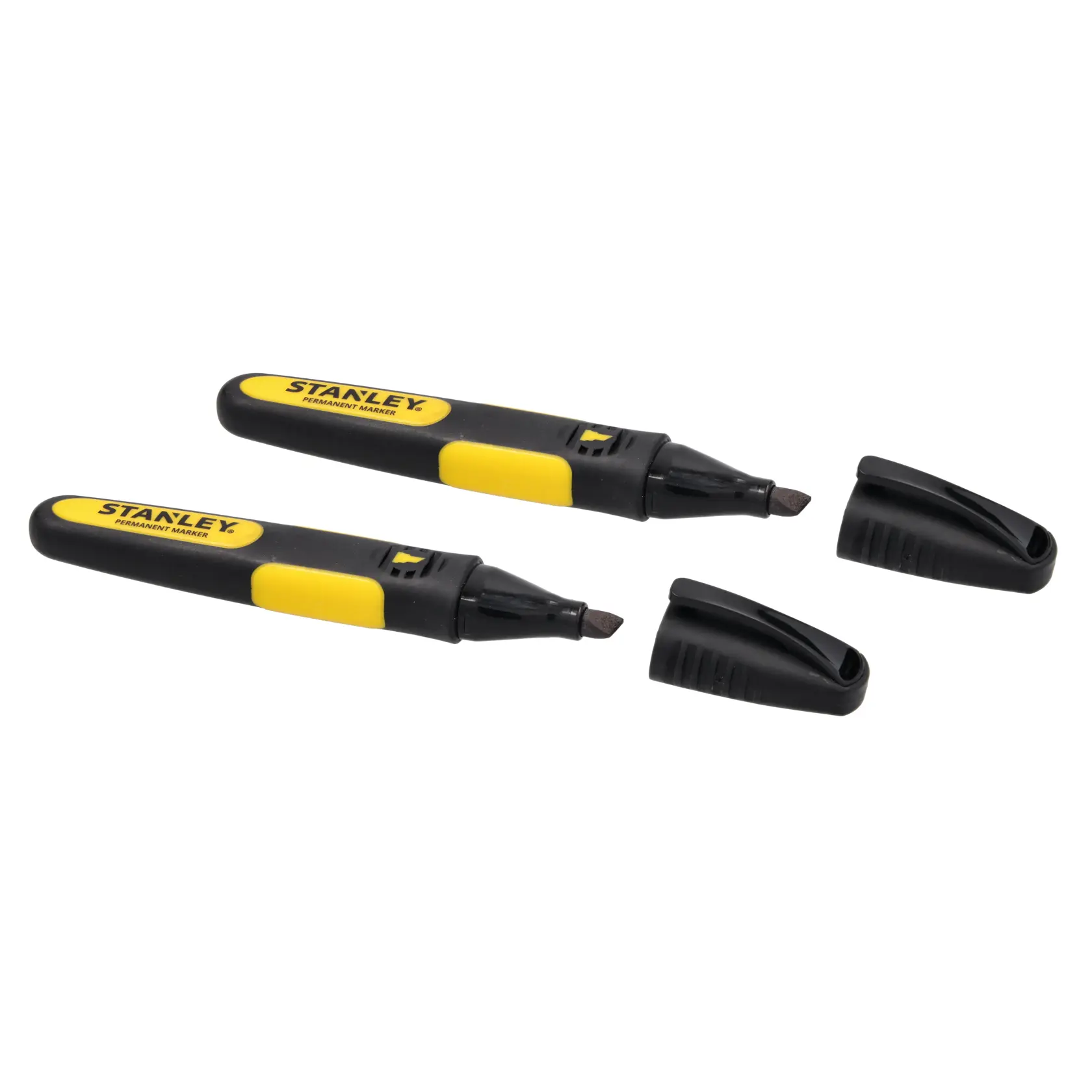 Photo of STANLEY 0-47-314 permanent marker set, black and yellow, with chisel tips and removable caps, side view.