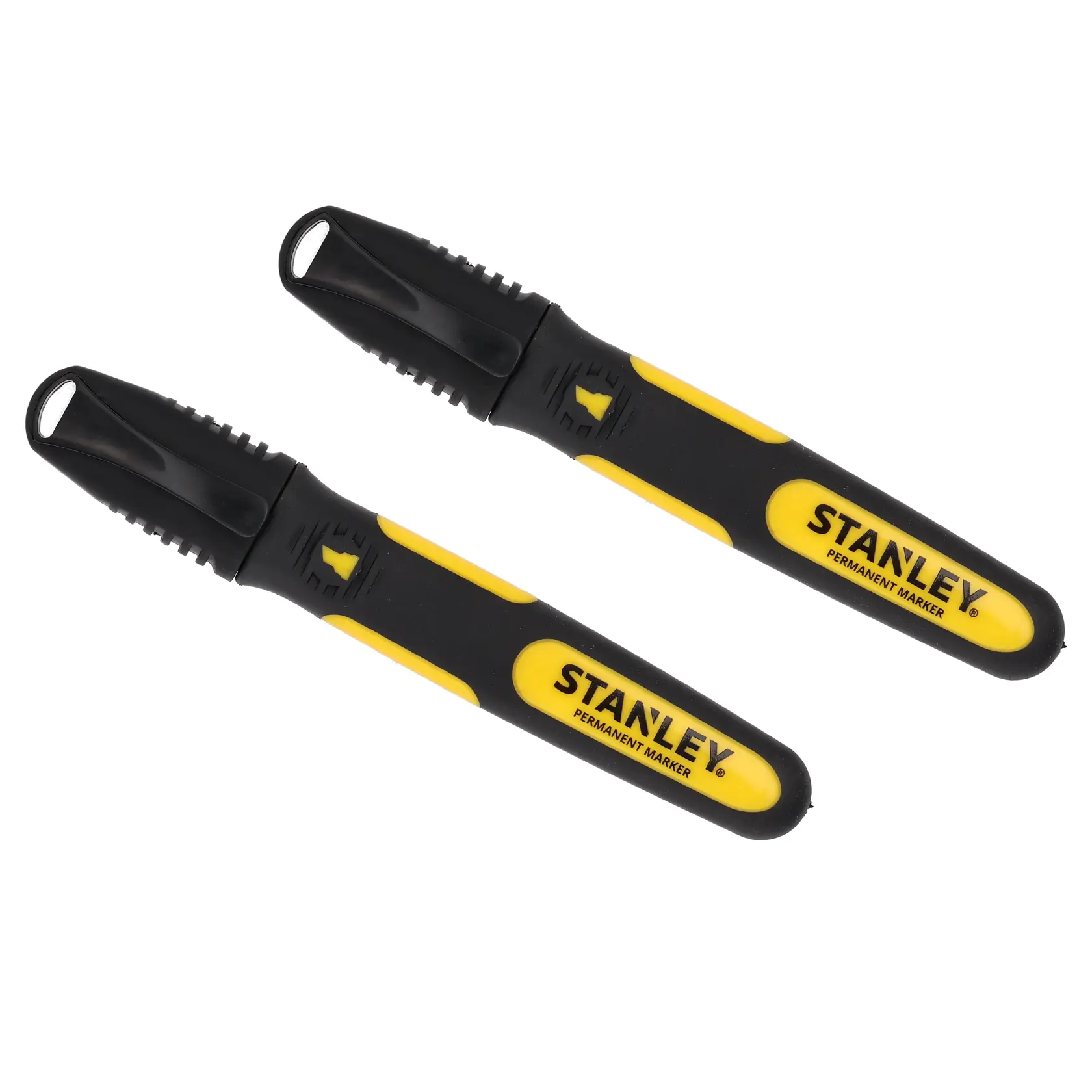Photo of two STANLEY 0-47-314 black and yellow permanent markers with caps, angled on white background.