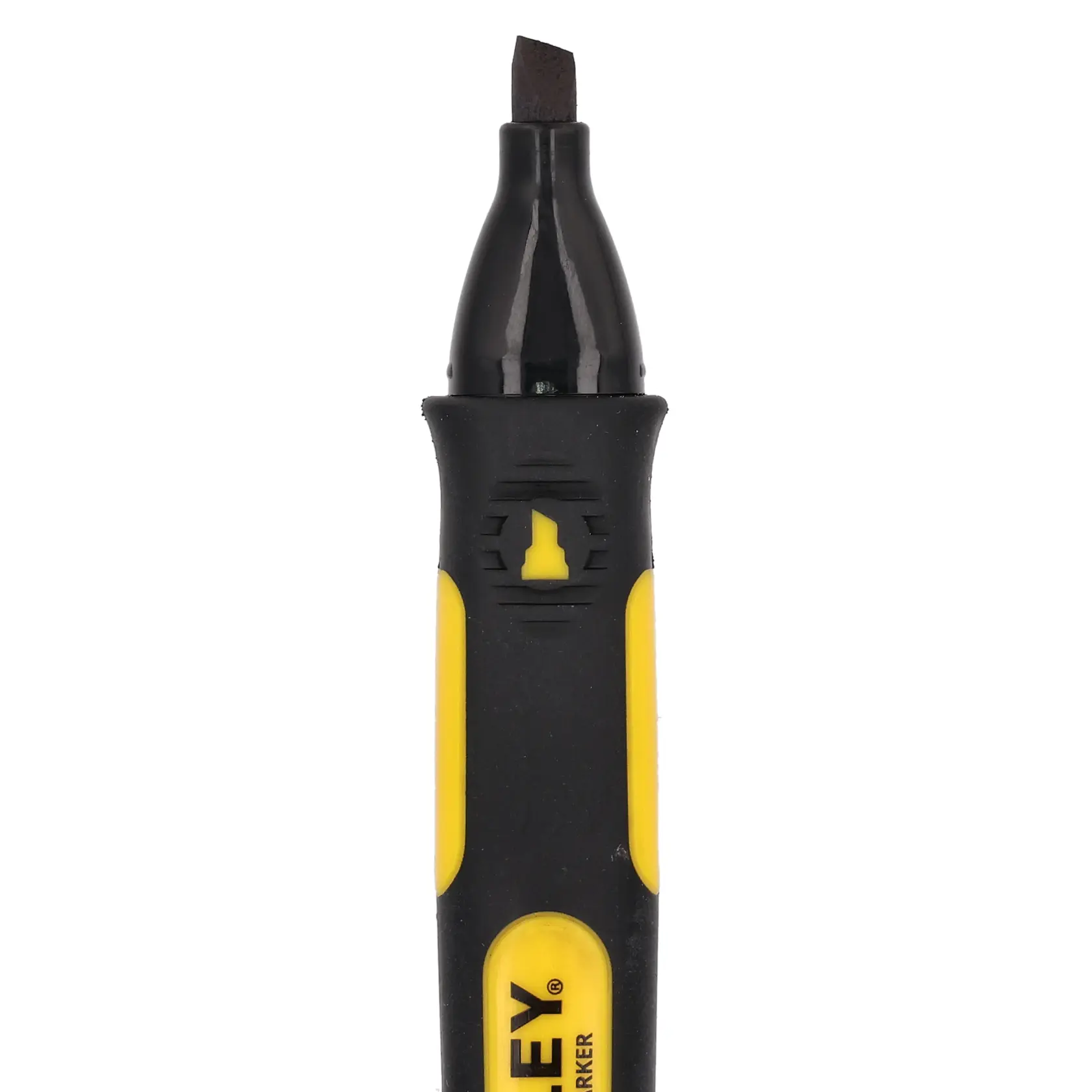 STANLEY 0-47-314 black and yellow construction marker, chisel tip, front view on white background.