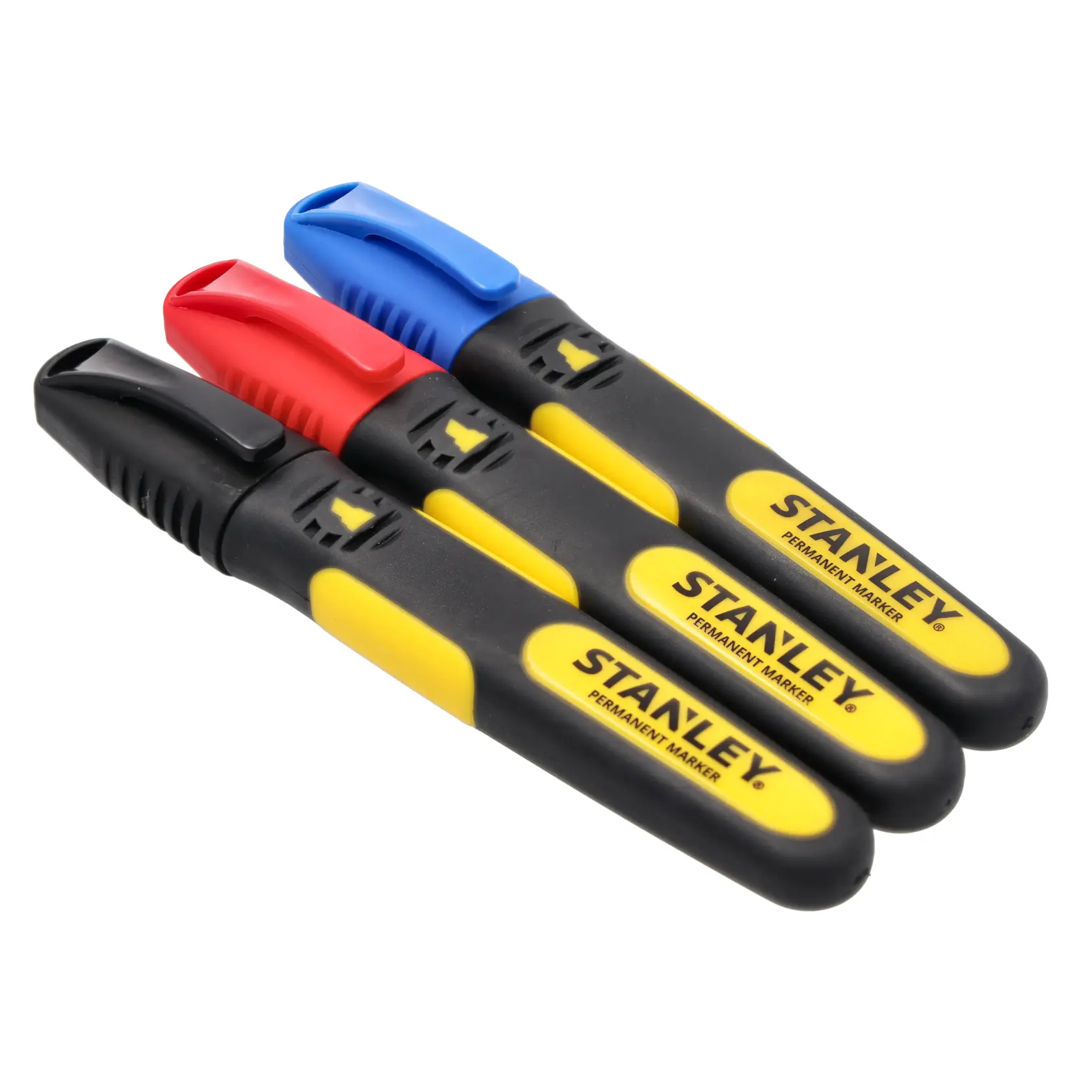 STANLEY 0-47-315 permanent marker set, black and yellow body, red, blue, and black caps, angled view.