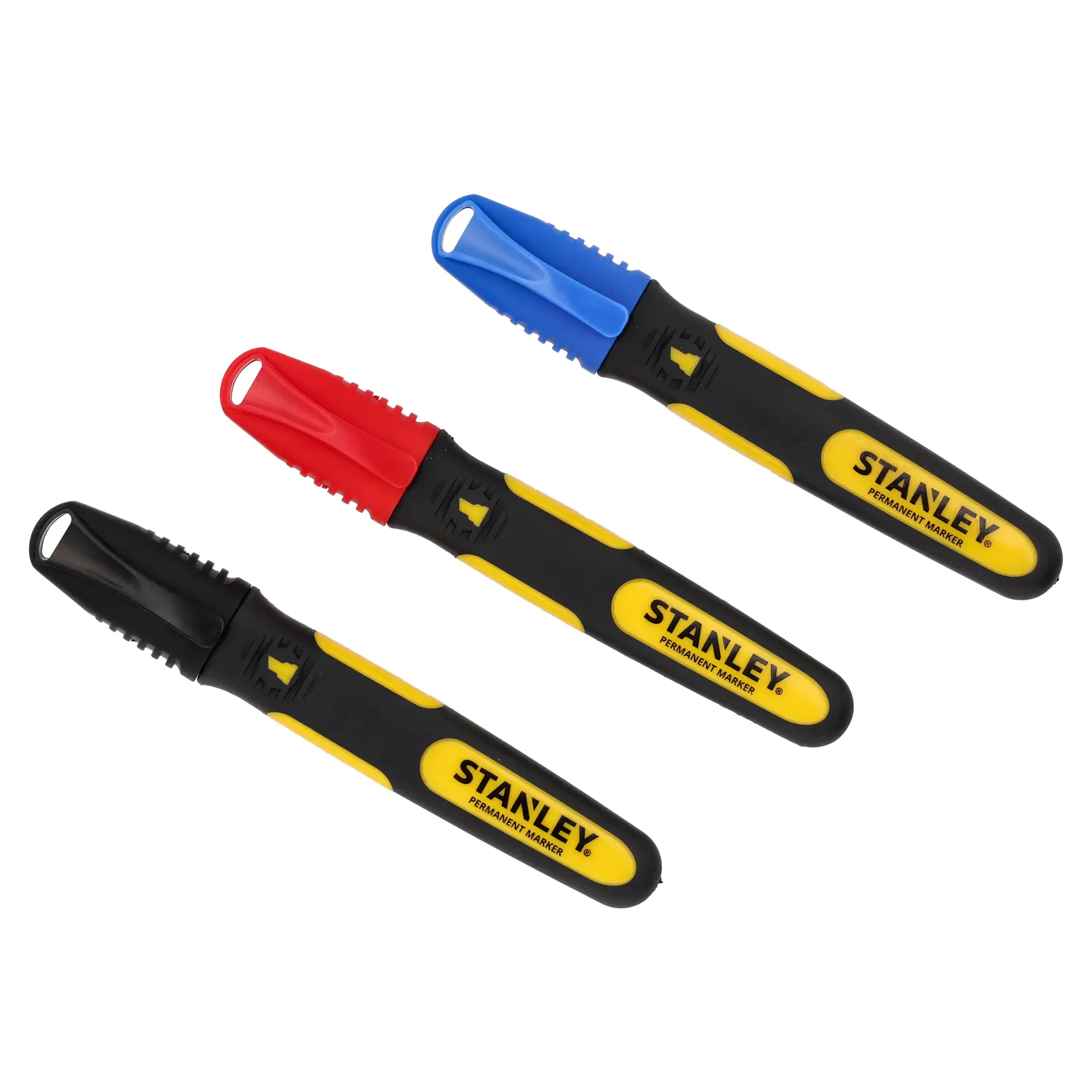 STANLEY 0-47-315 photography of three permanent markers with black, red, and blue caps, side view on white background.