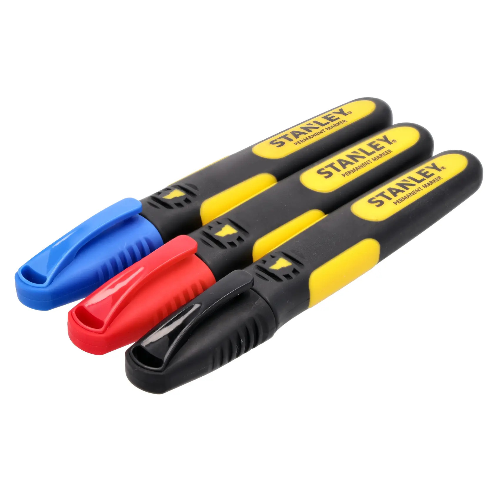STANLEY 0-47-315 permanent markers set with black, red, blue caps, angled on white background.