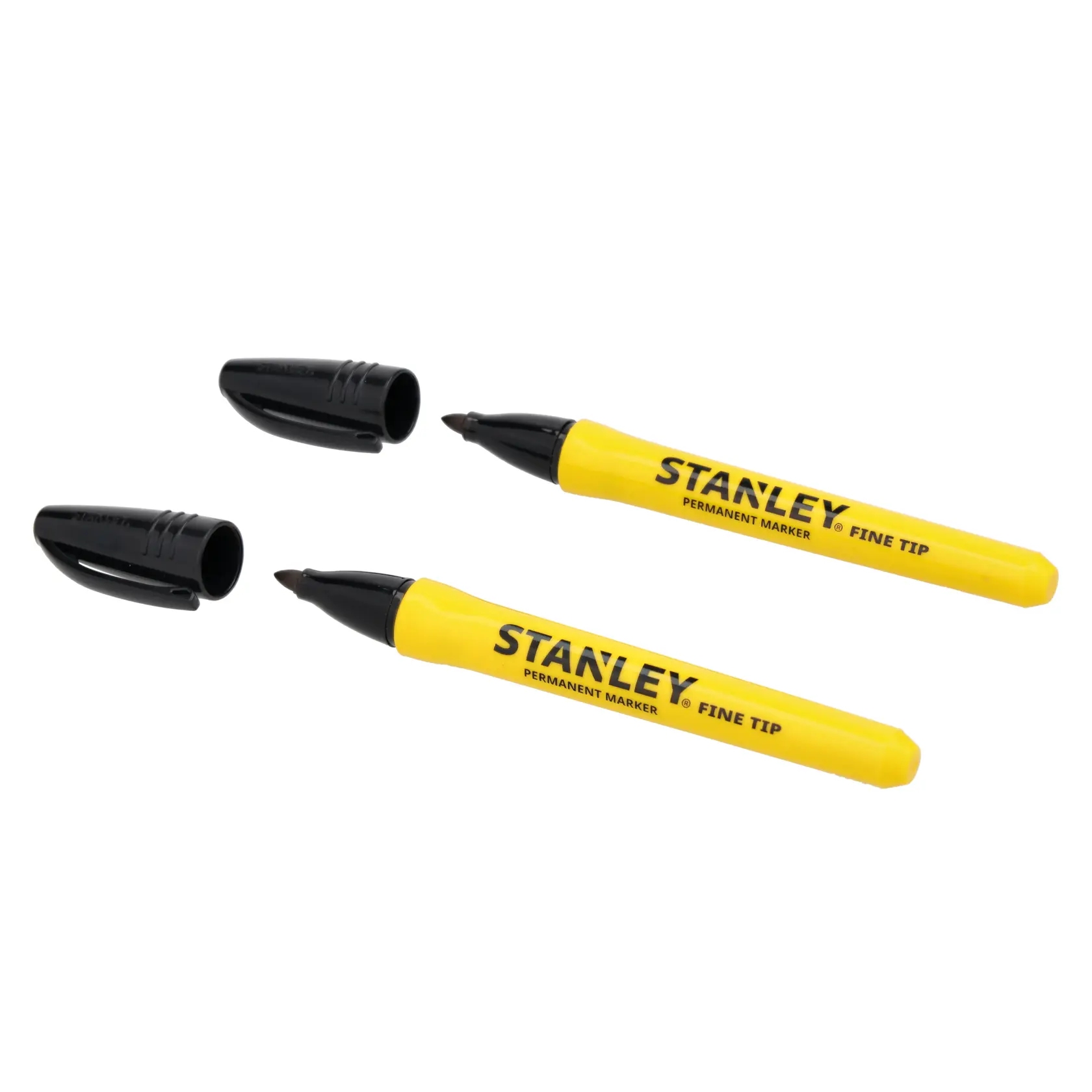 STANLEY® Fine Tip Black Permanent Marker Pens (2 Pk) with lids off