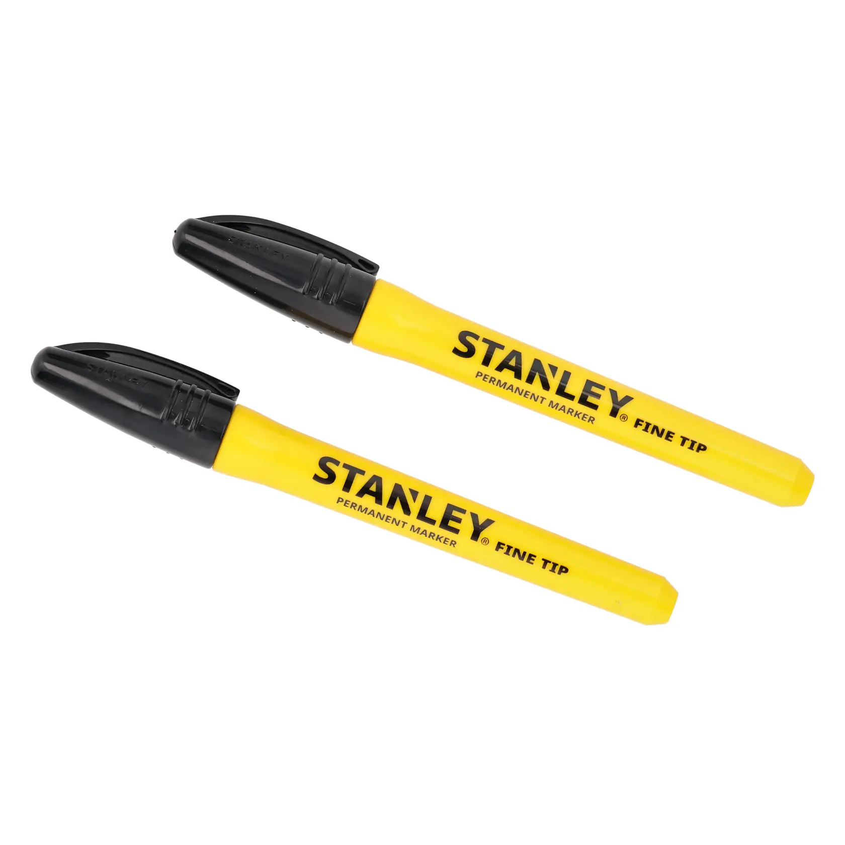 Photo of two STANLEY 0-47-316 yellow fine tip permanent markers with black caps, shown on a white background.