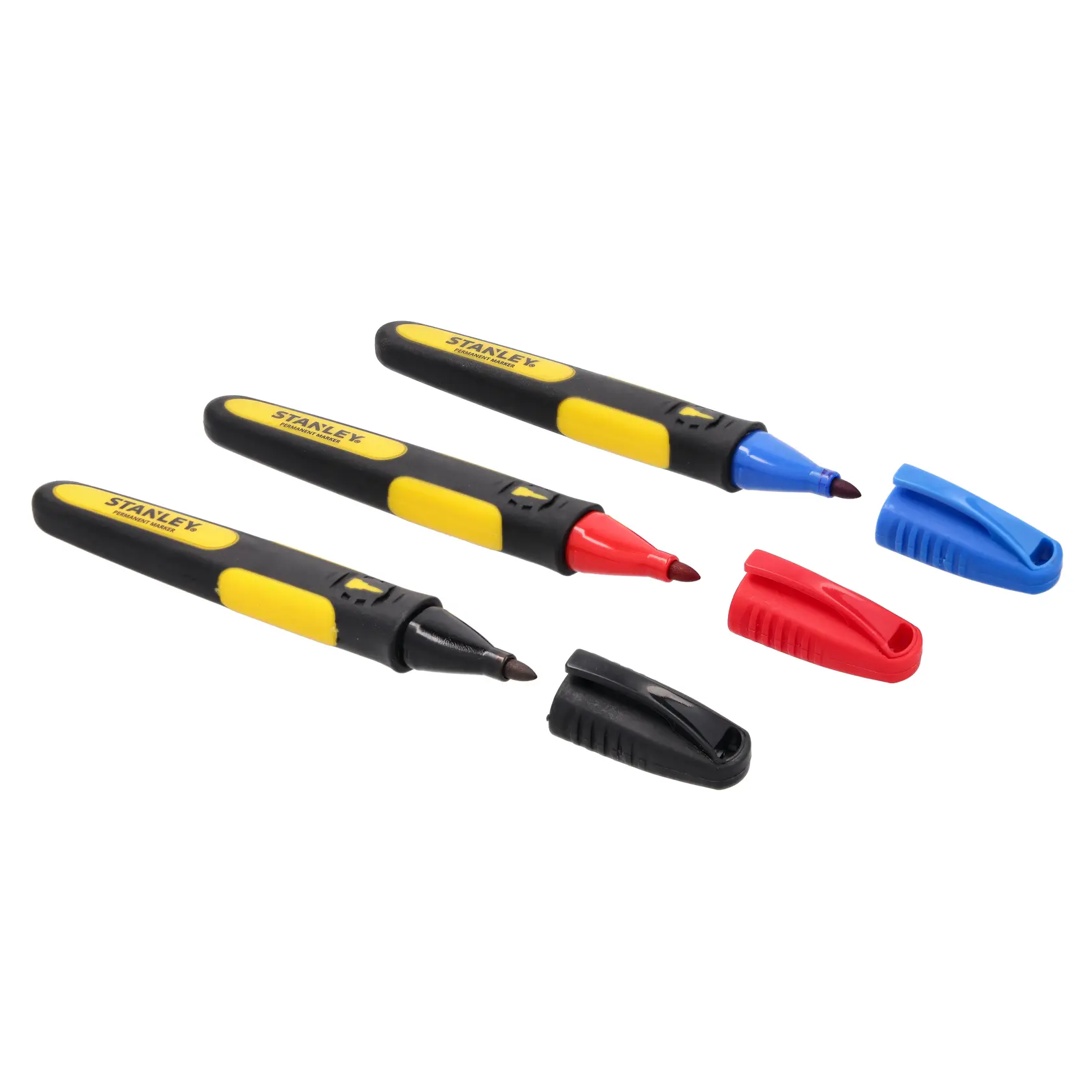 STANLEY 0-47-322 set of three markers, black, red, and blue, with caps, angled view on white background.