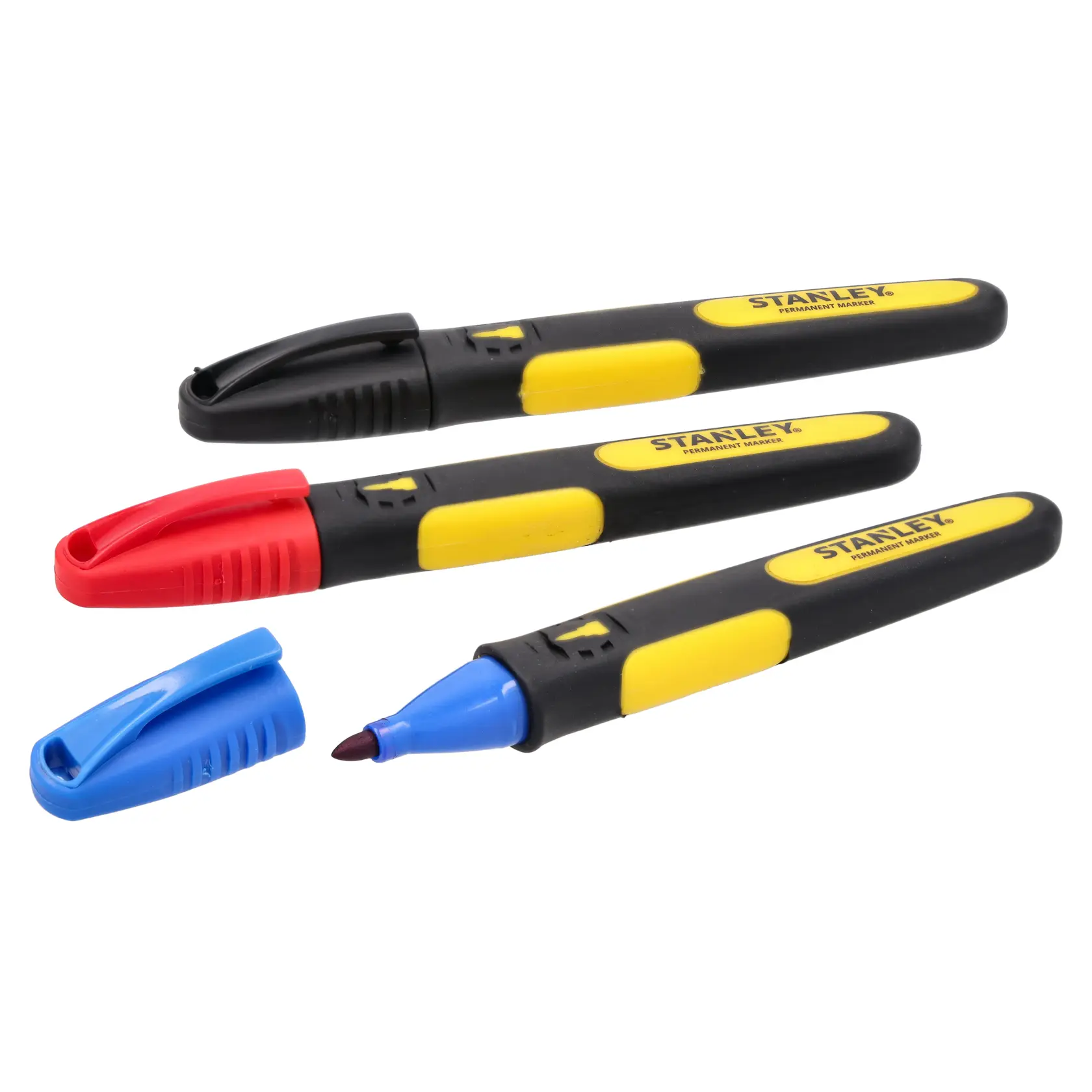 STANLEY® FATMAX® Fine Tip Permanent Marker Multicolour black, blue and red pens (3 Pk) with lids on and off