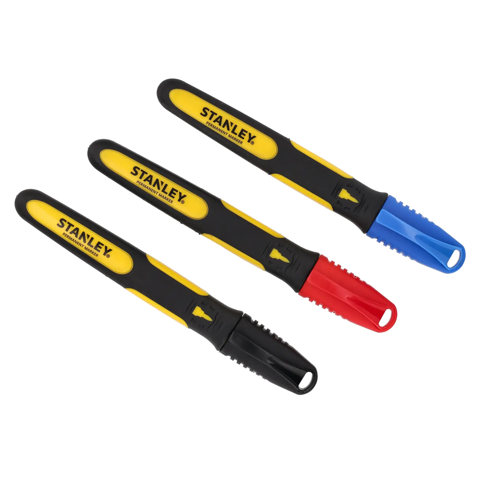 STANLEY 0-47-322 photography of three permanent markers with black, red, and blue caps, side angle.