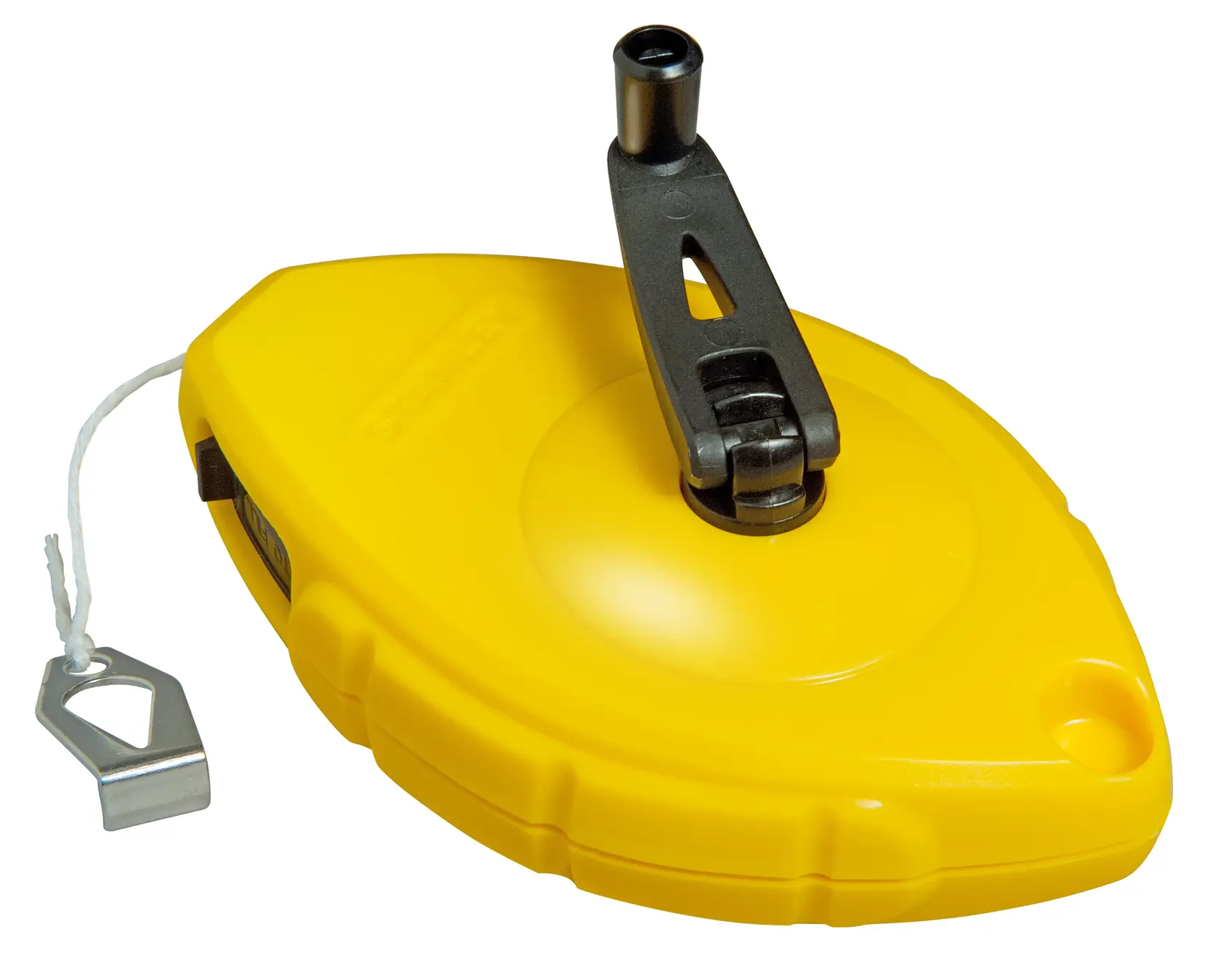 STANLEY 0-47-443 chalk line reel with yellow plastic case, crank handle, and attached line, front angle.