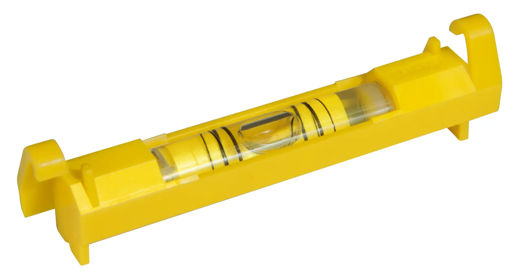 STANLEY 0-47-443 yellow plastic line level, side angle, with clear vial and black markings.