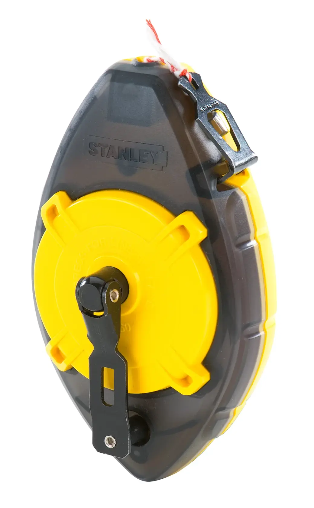 Photo of STANLEY chalk line reel 0-47-460, yellow and black casing, angled on white background.