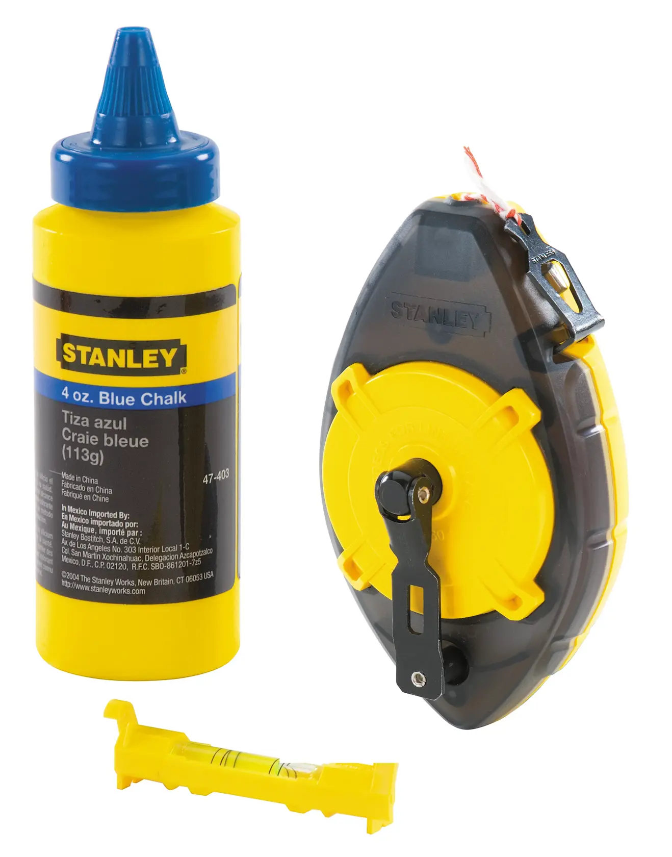 STANLEY 0-47-465 chalk line set with yellow and blue chalk bottle, black and yellow reel, front angle.