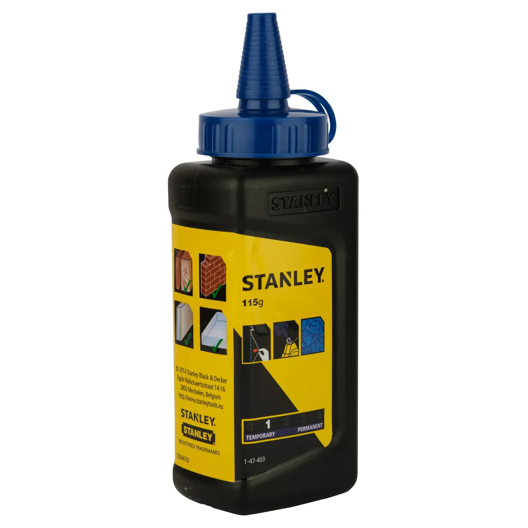 Stanley chalk bottle with blue nozzle for marking on brick, wood, and other surfaces. 115g capacity.