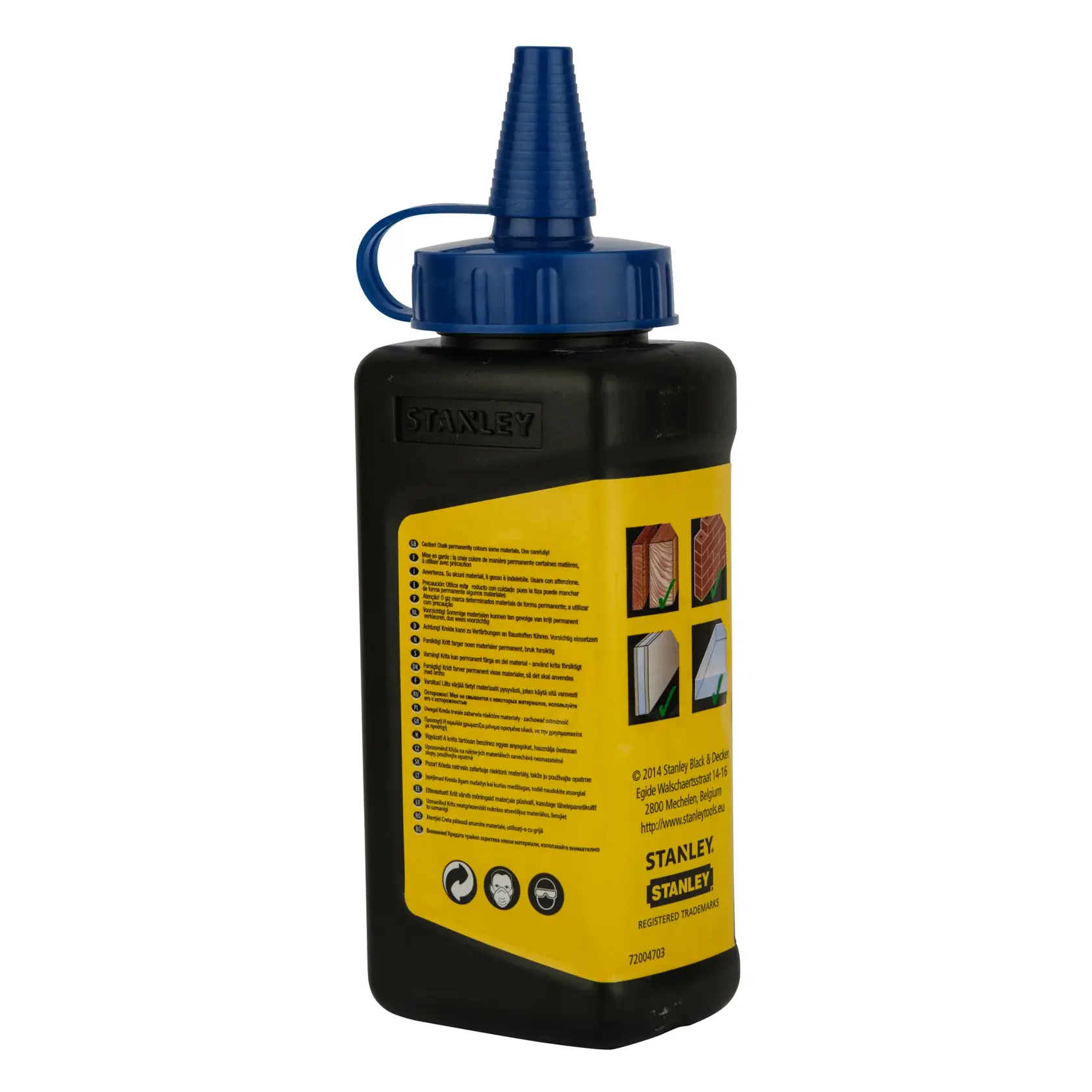 Stanley chalk refill bottle with blue nozzle and yellow label, used for marking lines in construction tasks.