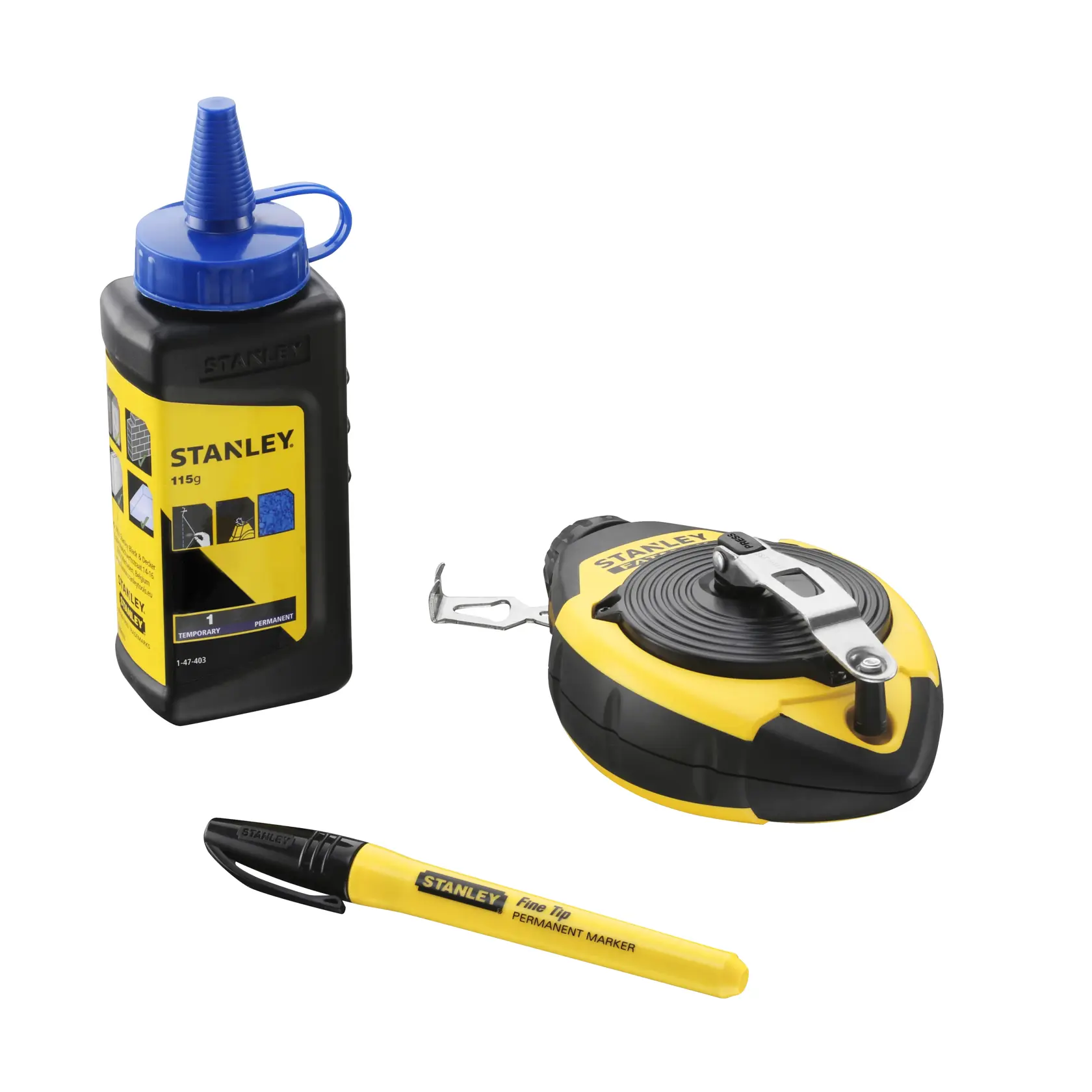 STANLEY 0-47-681 chalk line kit with yellow and black chalk reel, blue chalk bottle, and yellow permanent marker, front angle.