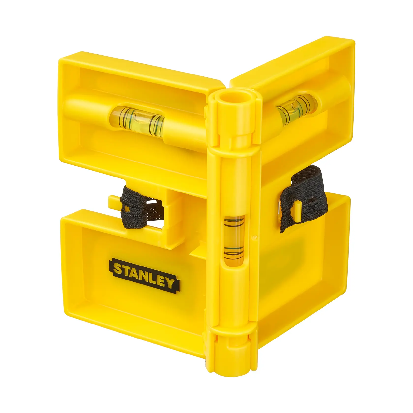 Yellow Stanley post level tool with three vials, right-angle design, and black strap for securing to surfaces.