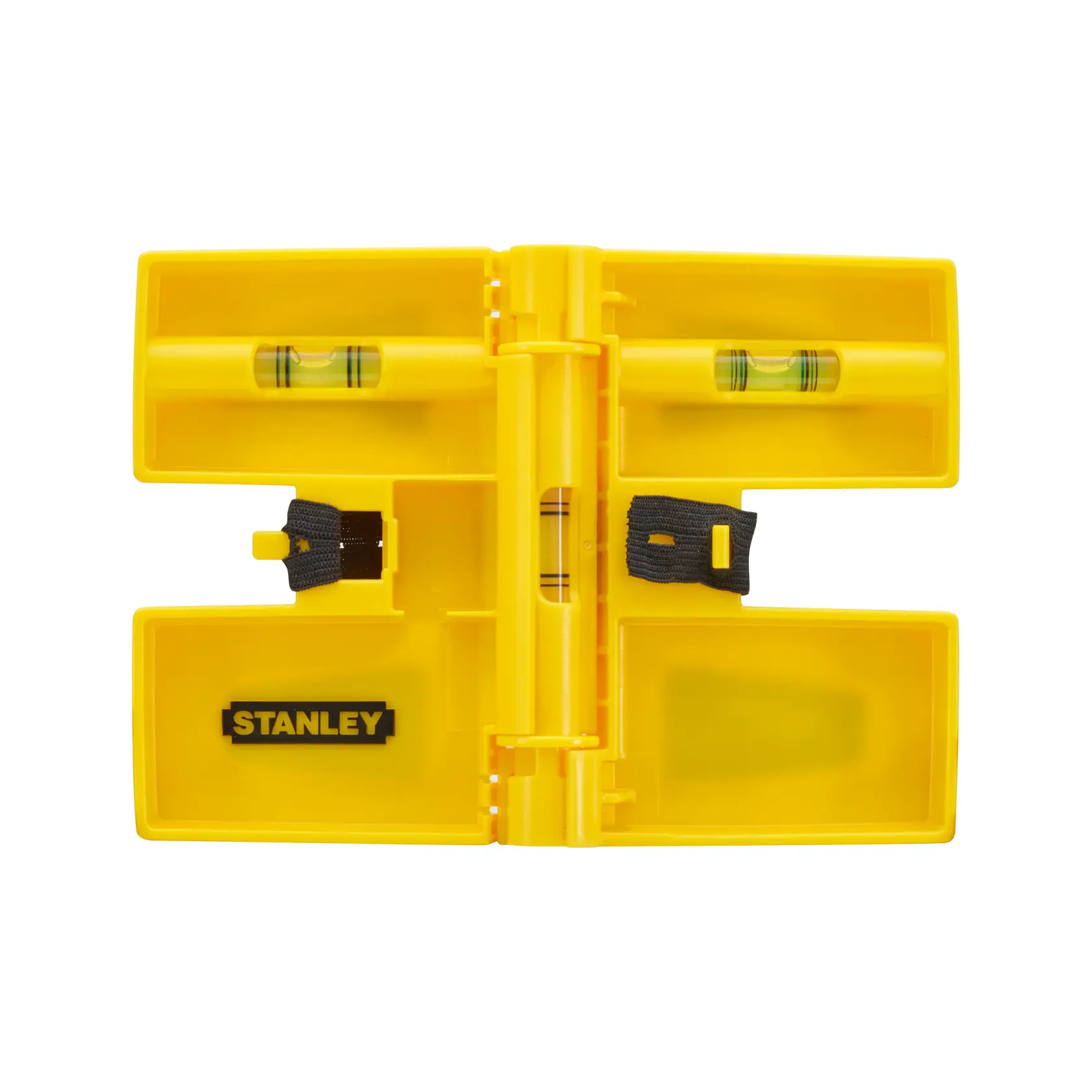 STANLEY 0-47-720 yellow plastic miter box with built-in bubble levels, open position, top view.