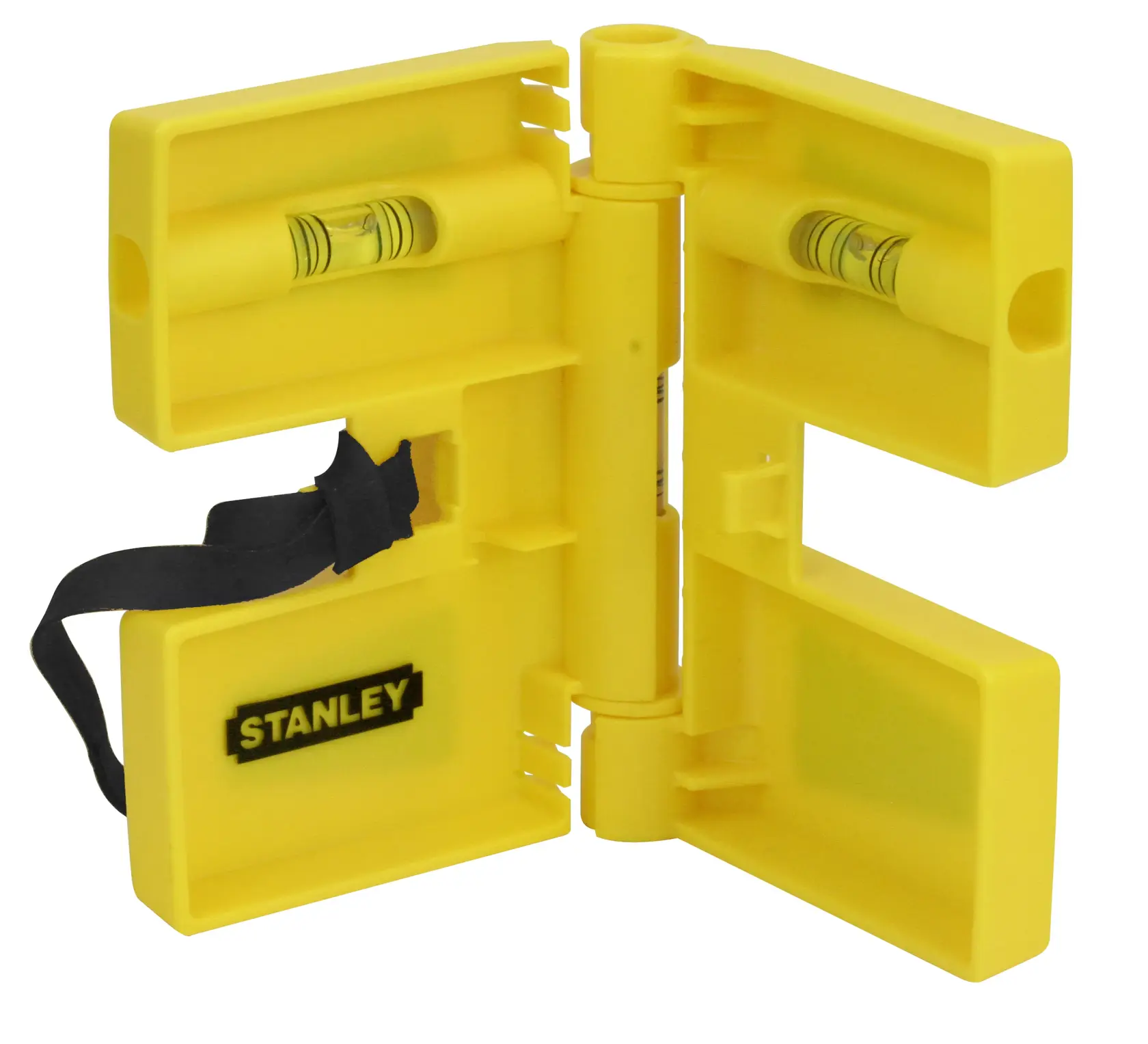 Yellow Stanley corner spirit level with two vials and a hinge, used for accurate measurements in photography setups.