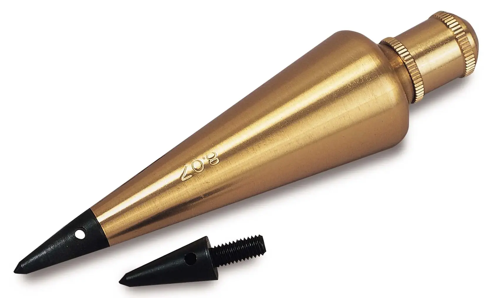 STANLEY 0-47-973 brass plumb bob with conical shape, pointed tip, extra replacement tip, white background, side angle.